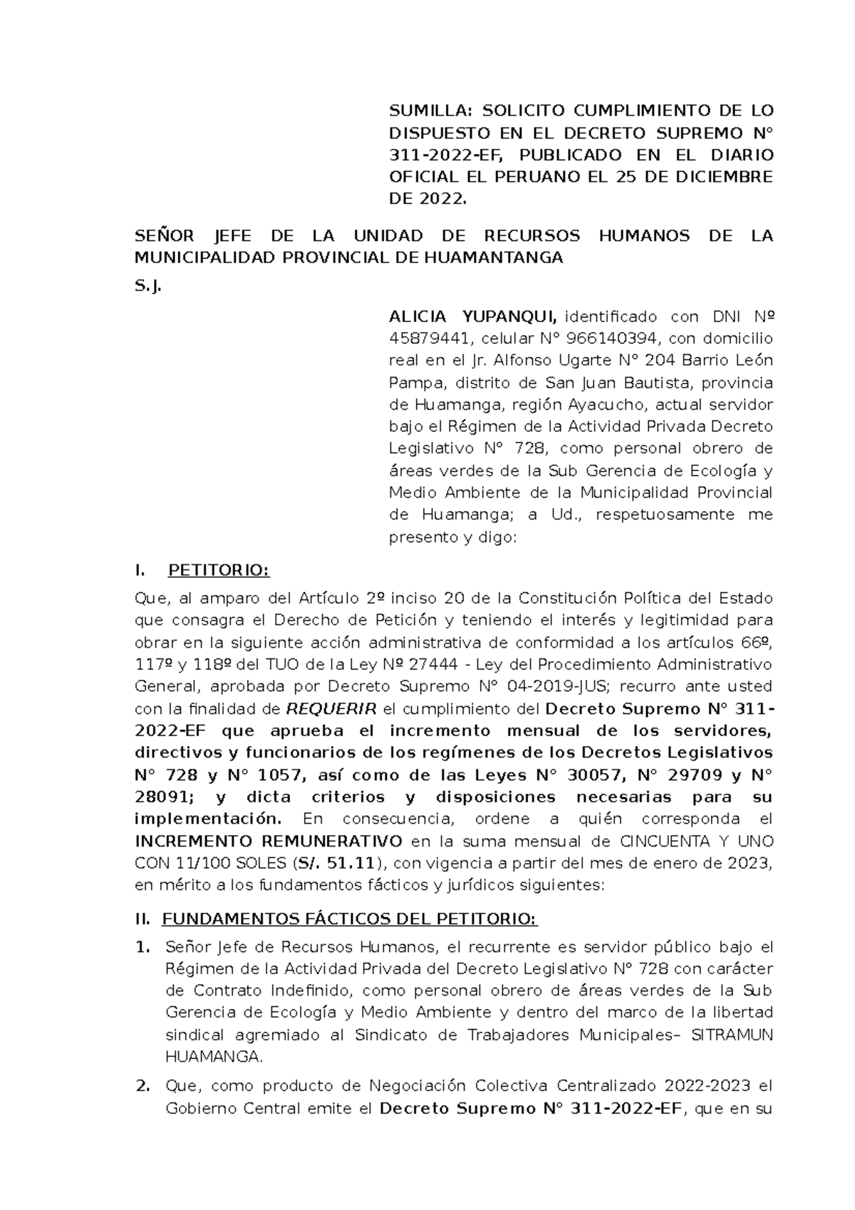 Solicito Cumplimiento De Lo Dispuesto En El Decreto Supremo N° 311 2022