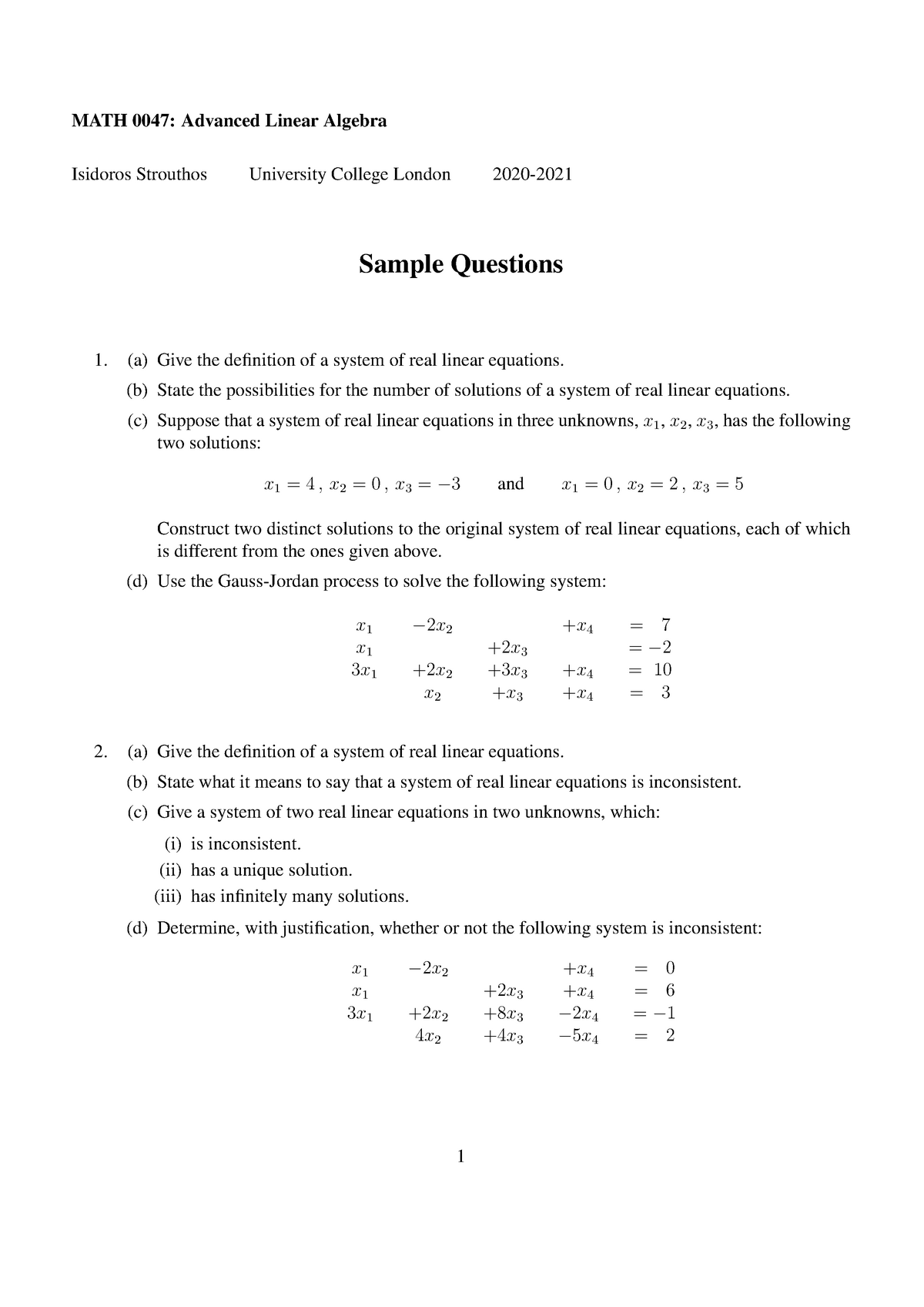 MATH0047-Sample-Questions - MATH 0047: Advanced Linear Algebra Isidoros ...