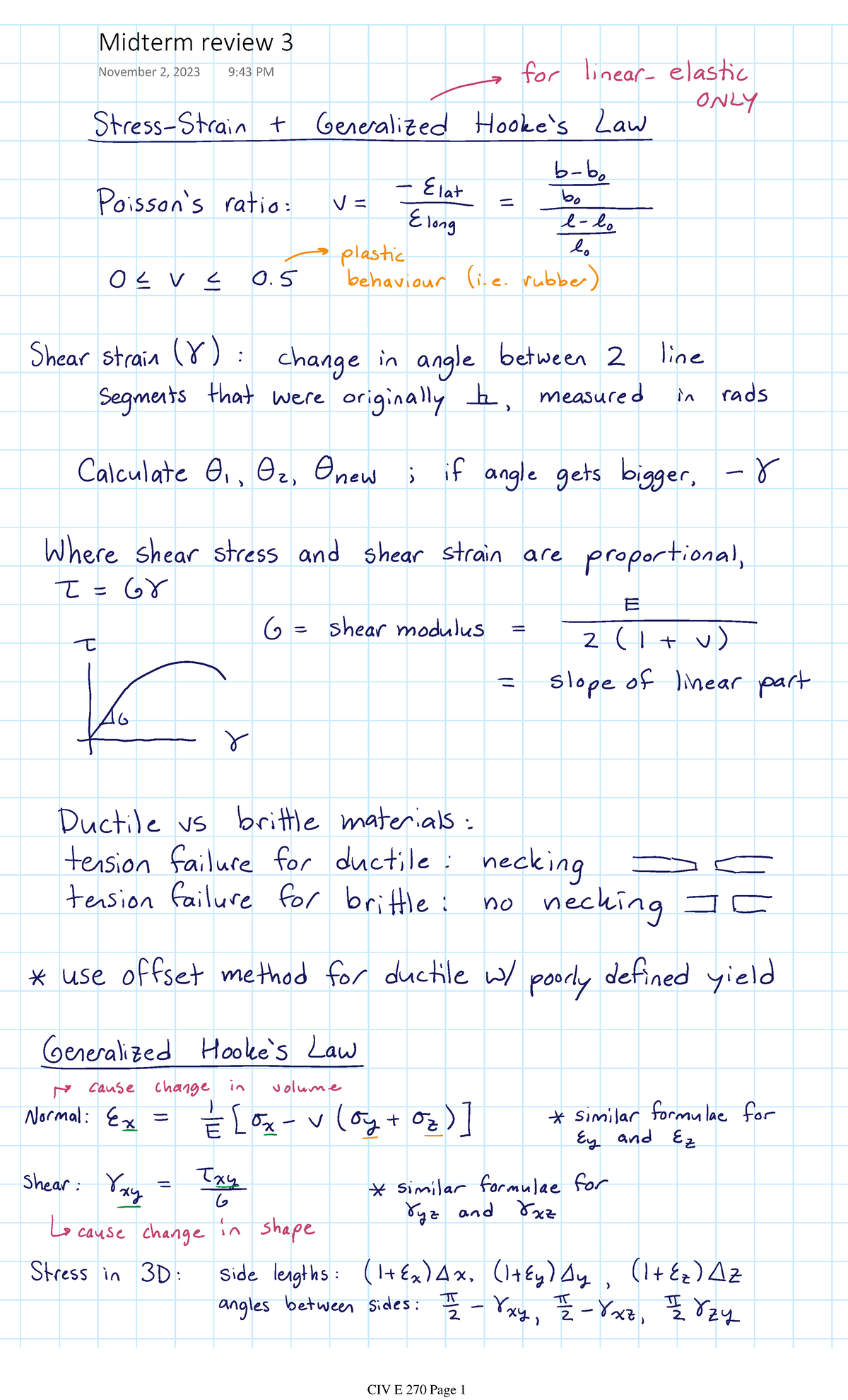 Midterm review 3 - Summary Mechanics of Deformable Bodies I - Civ E270 ...