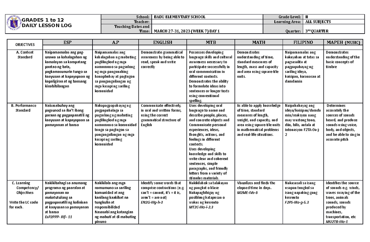 DLL ALL Subjects 2 Q3 W7 D1 - GRADES 1 to 12 DAILY LESSON LOG School ...