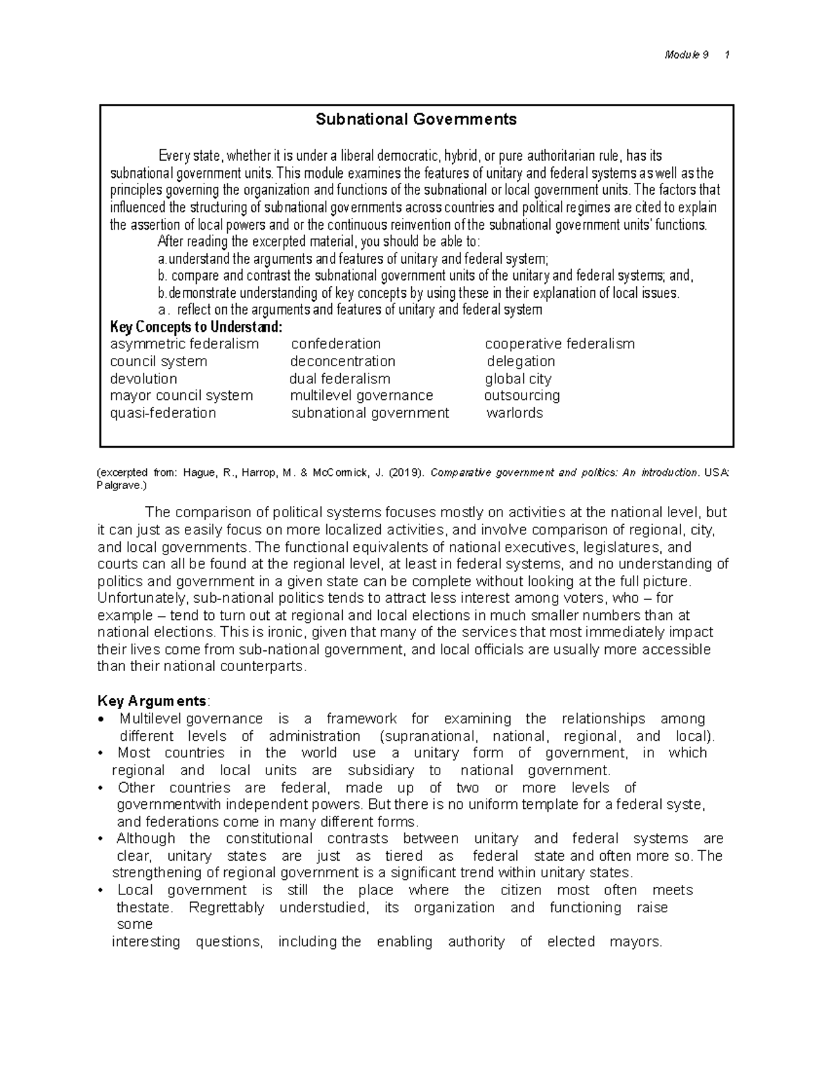 Module 9 Subnational Governments - (excerpted from: Hague, R., Harrop ...