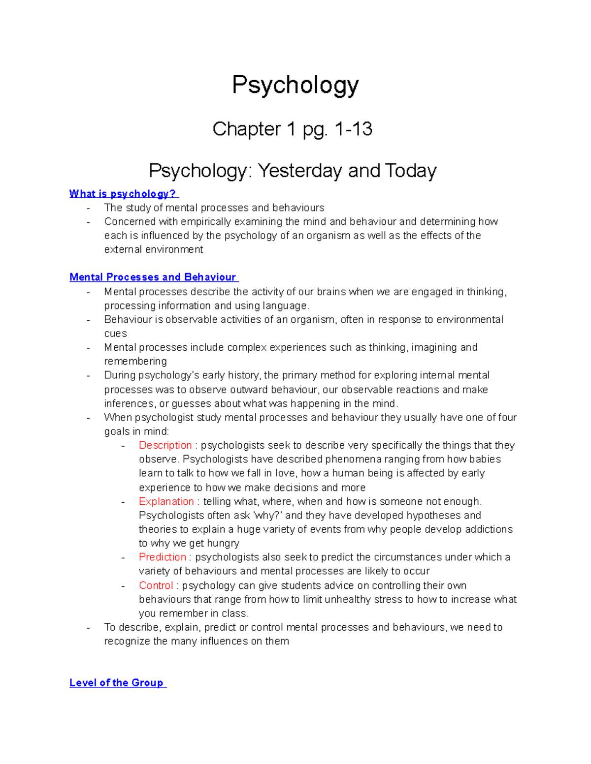 Ps101 Notes - Psychology Chapter 1 Pg. 1- Psychology: Yesterday And 