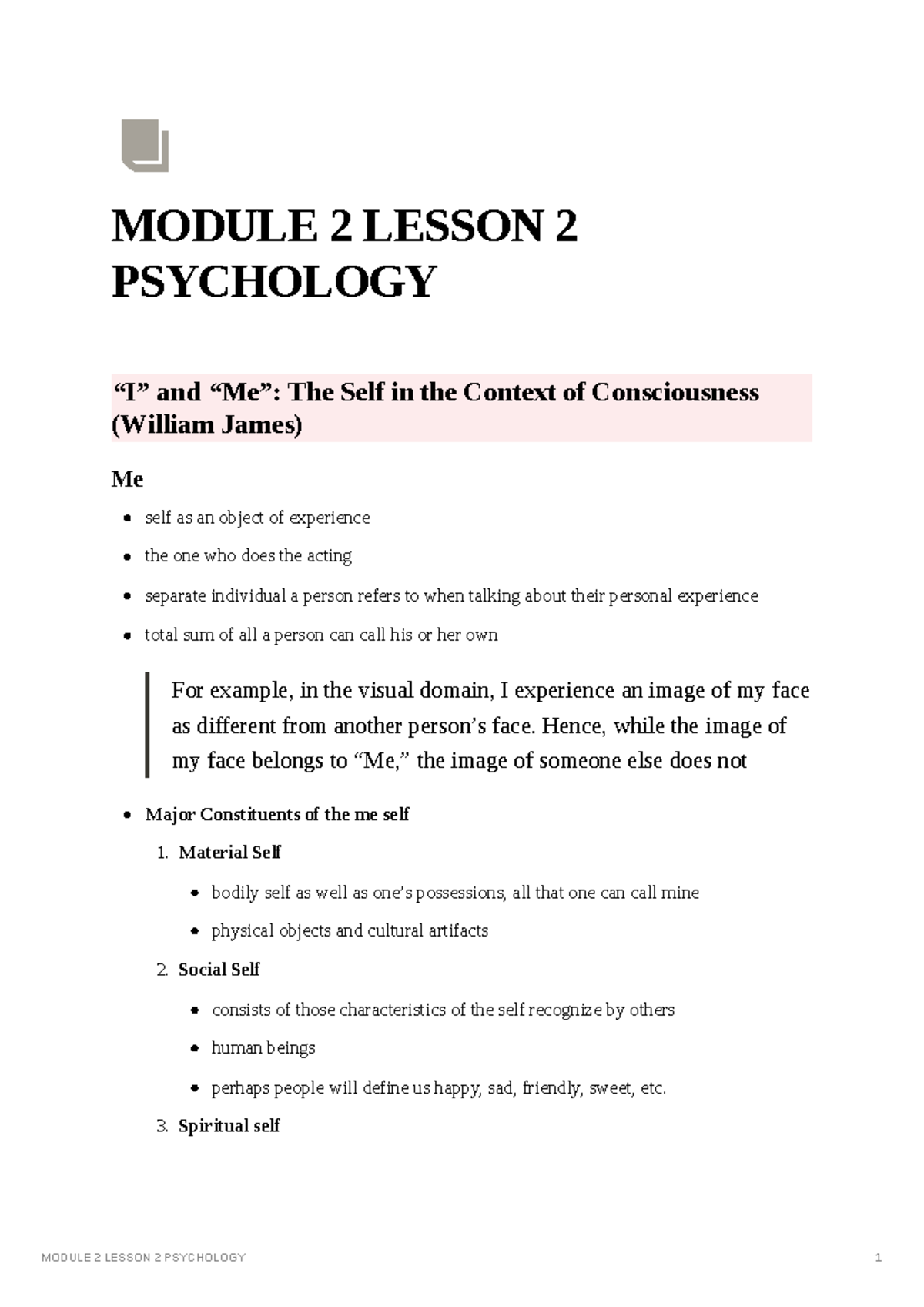 Module 2 Lesson 2 Psychology - MODULE 2 LESSON 2 PSYCHOLOGY “I” And “Me ...