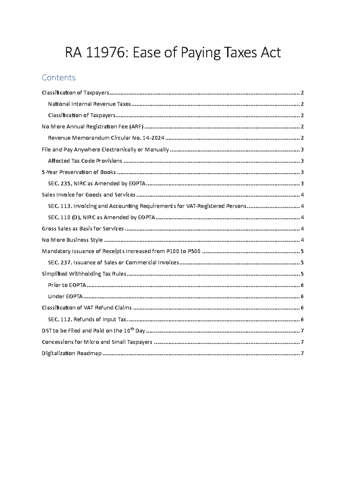 EOPT Act (RA 11976) - RA 11976: Ease of Paying Taxes Act Classification ...