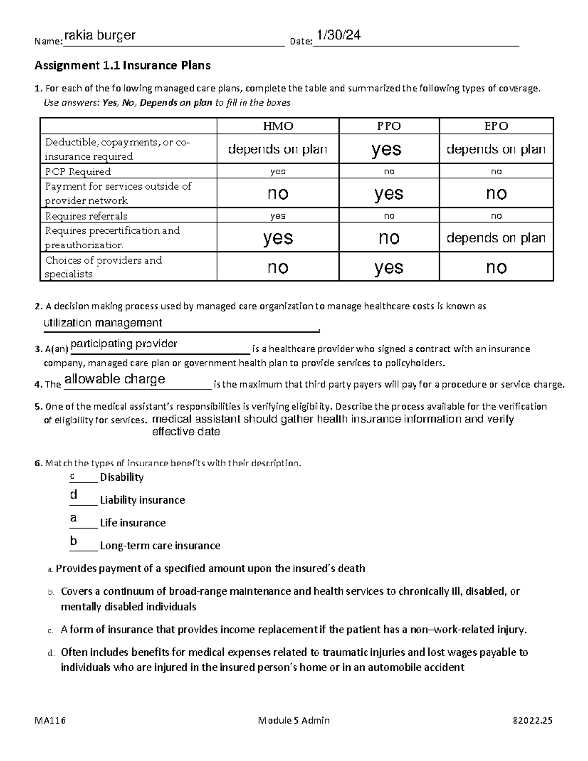 MA116 Assignment 1.1 Insurance Plans - MA 116 Module 5 Admin 82022 ...
