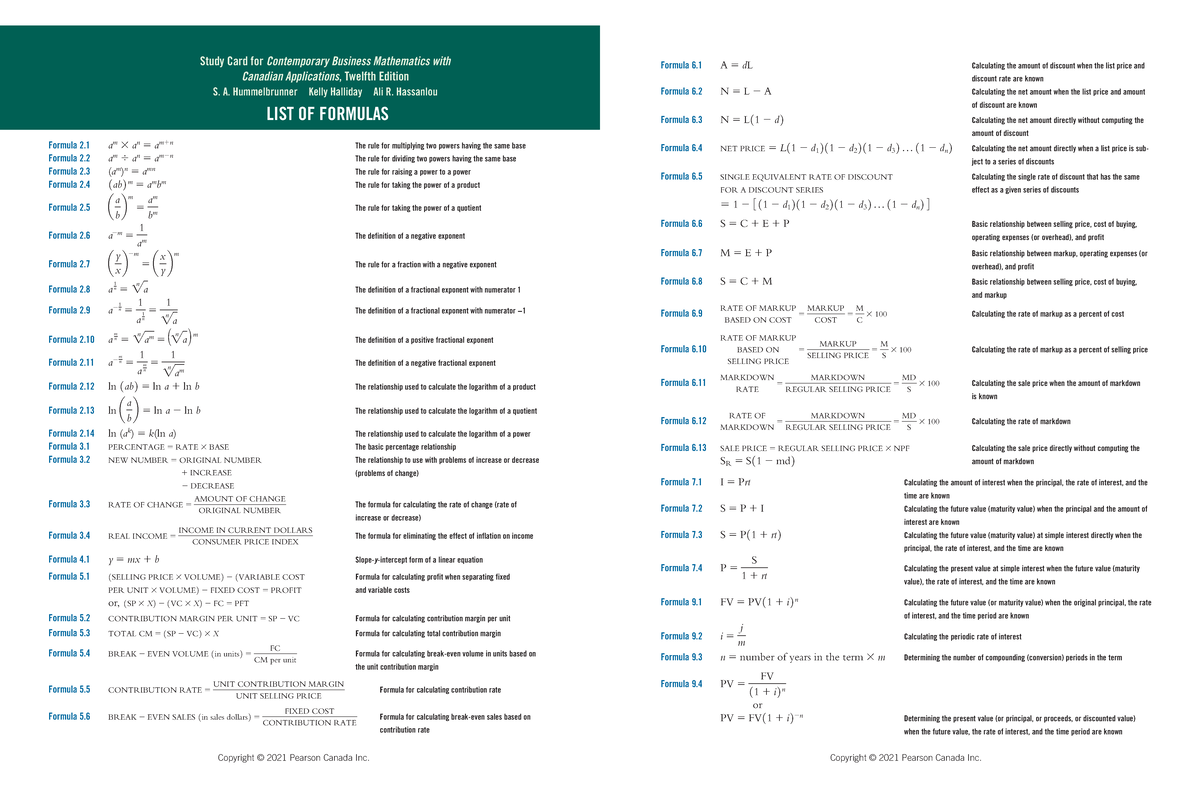 List of formulas - Copyright © 2021 Pearson Canada Inc. Copyright ...