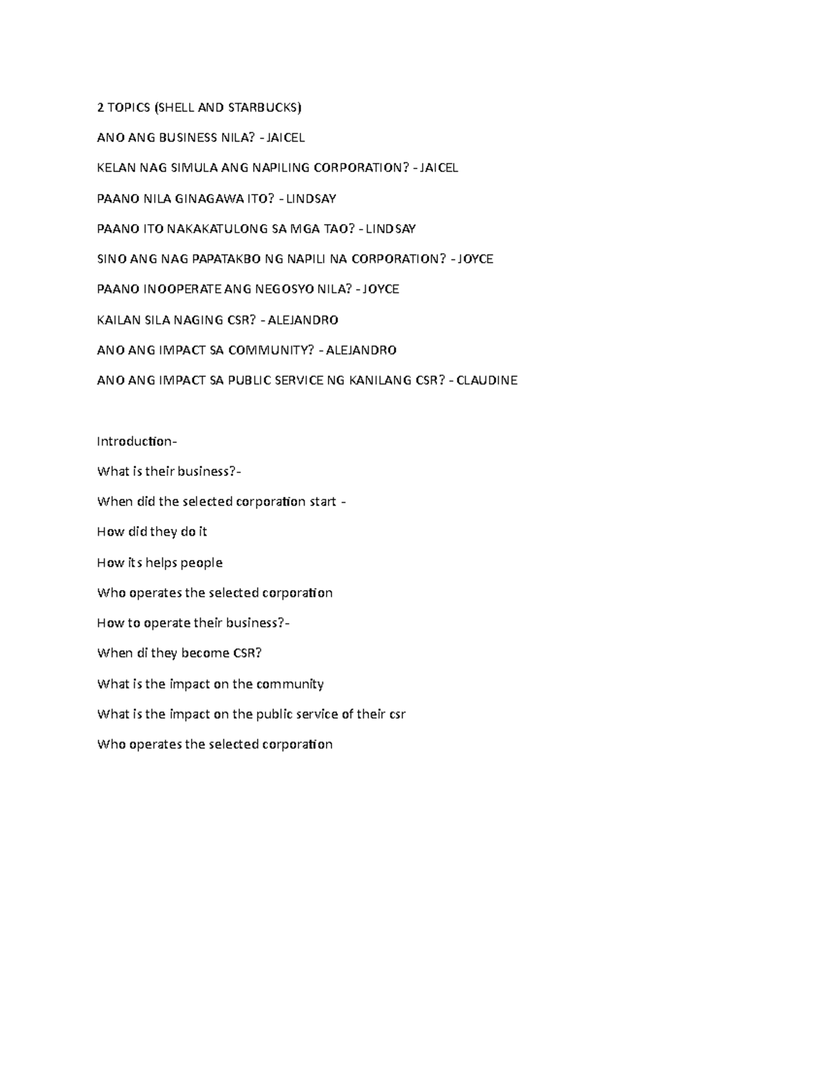 2 Topics - nothing - 2 TOPICS (SHELL AND STARBUCKS) ANO ANG BUSINESS ...
