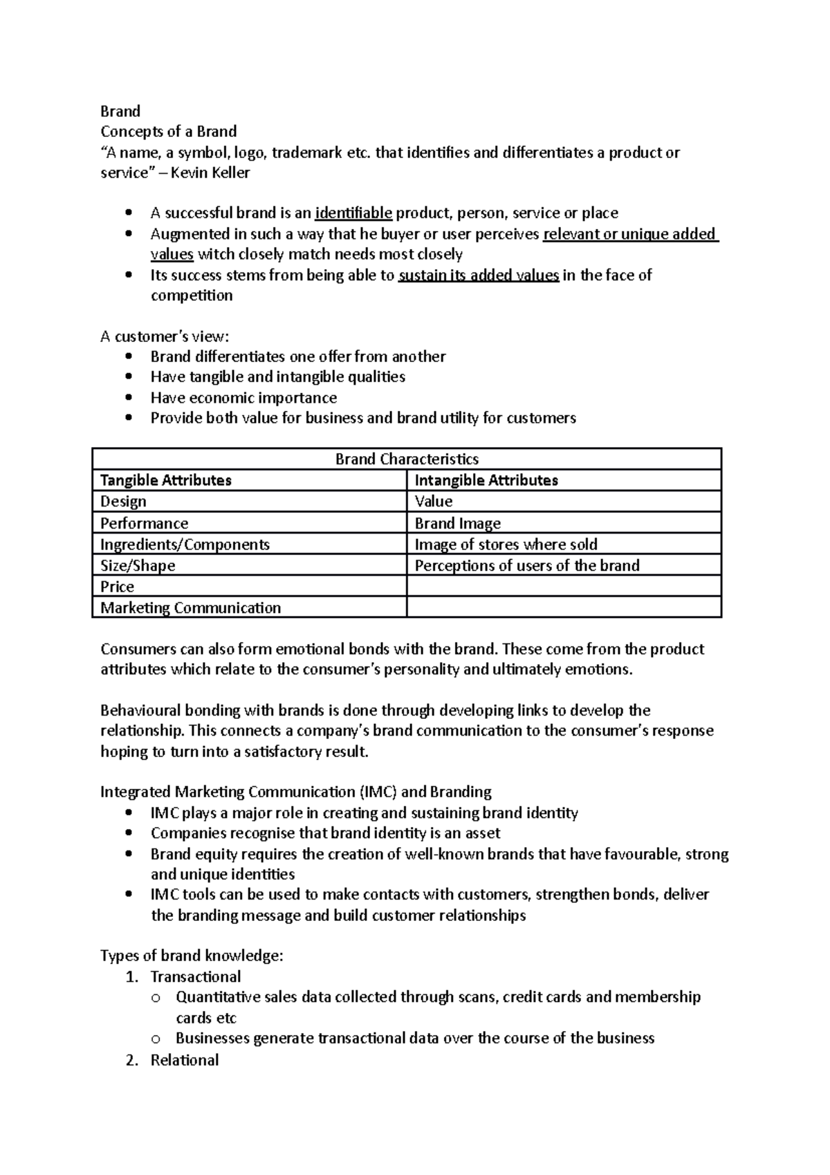 Marketing Comms Wk 2 Notes - Brand Concepts of a Brand “A name, a ...