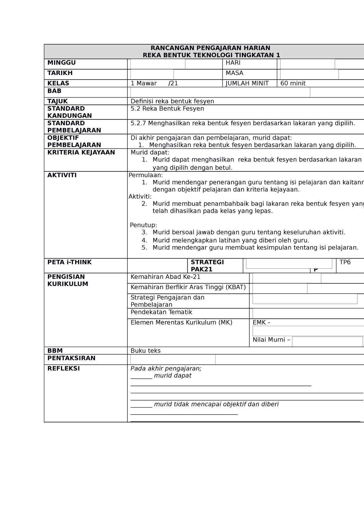 RPH RBT FORM1 39 Mawar - Just My Note - RANCANGAN PENGAJARAN HARIAN ...