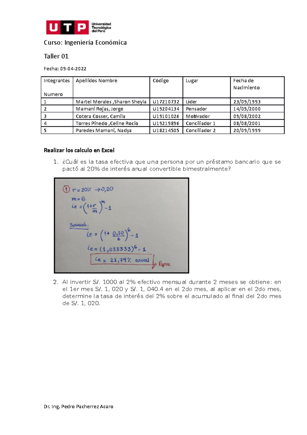 Ingenieria Economica Taller 1 - Curso: Ingeniería Económica Taller 01 ...