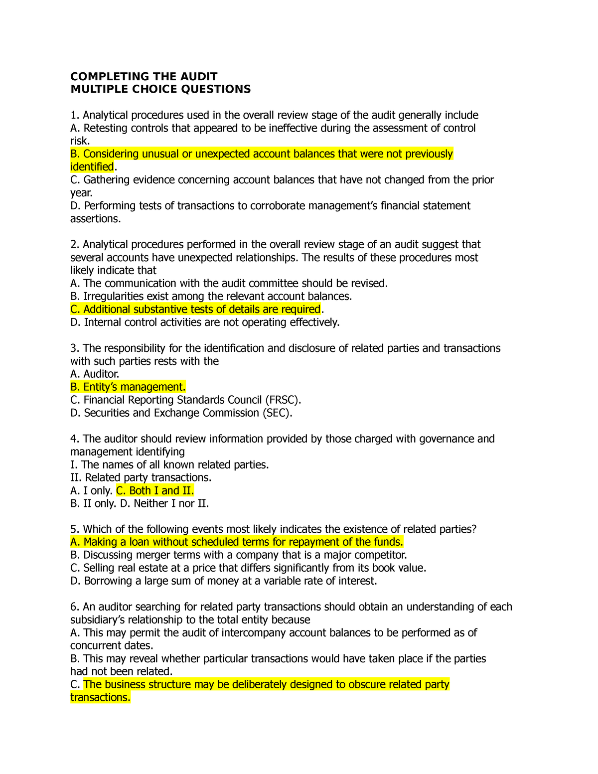 Completing THE Audit - COMPLETING THE AUDIT MULTIPLE CHOICE QUESTIONS ...