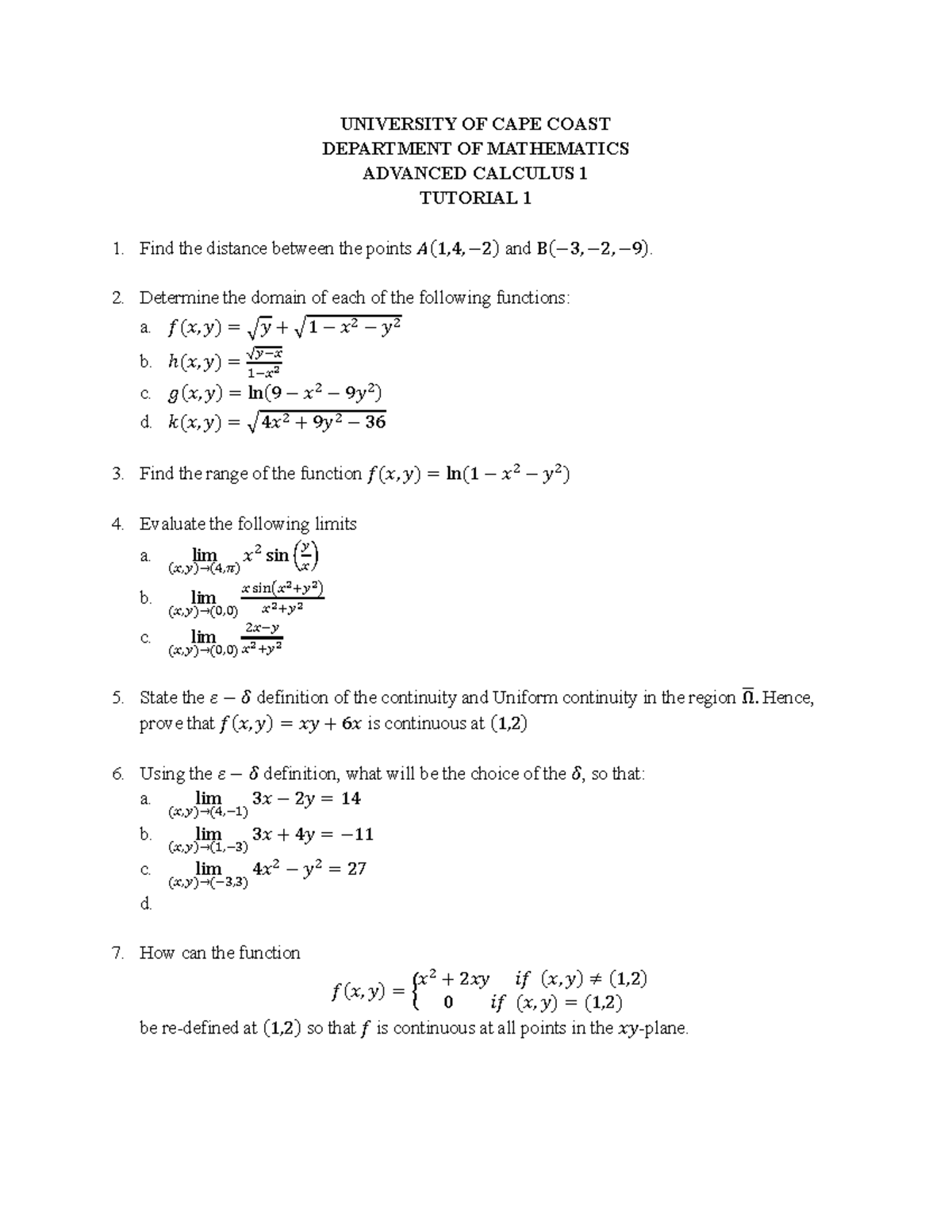 MAT 301 Tutorials 1 - UNIVERSITY OF CAPE COAST DEPARTMENT OF ...