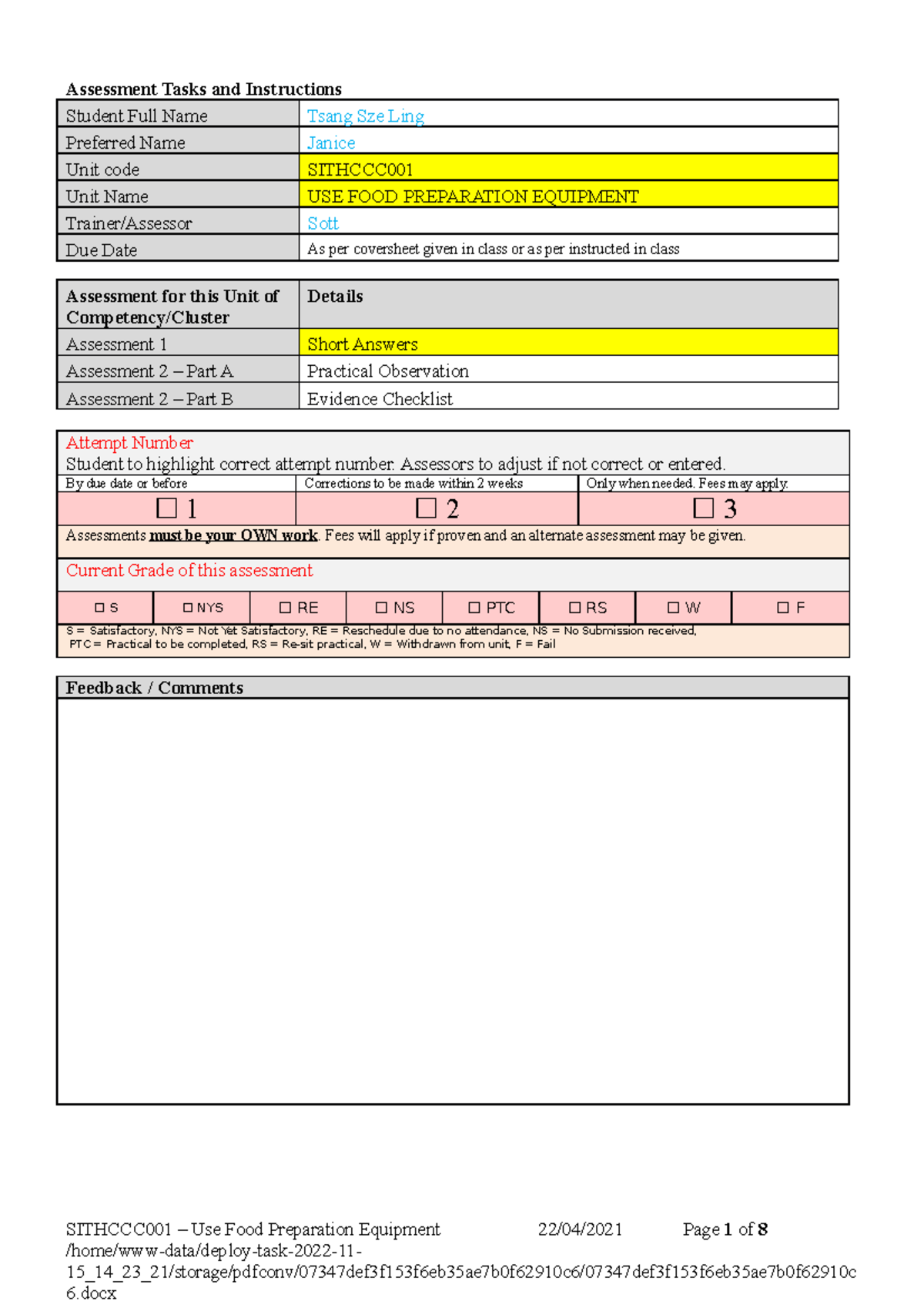 Sithccc 001 Use Food Preparation Equipment Short Answers v1 Assessment Tasks and