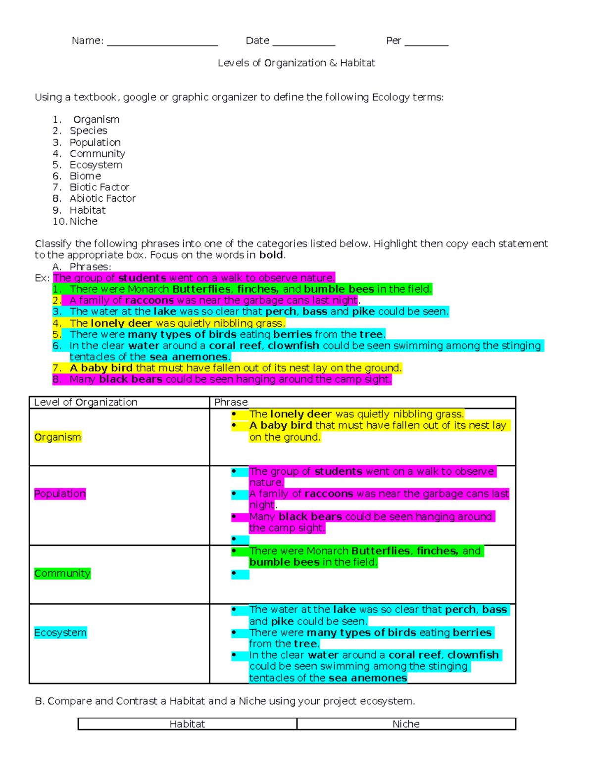 Levels of organization Graphic Organizer oneal5 Name
