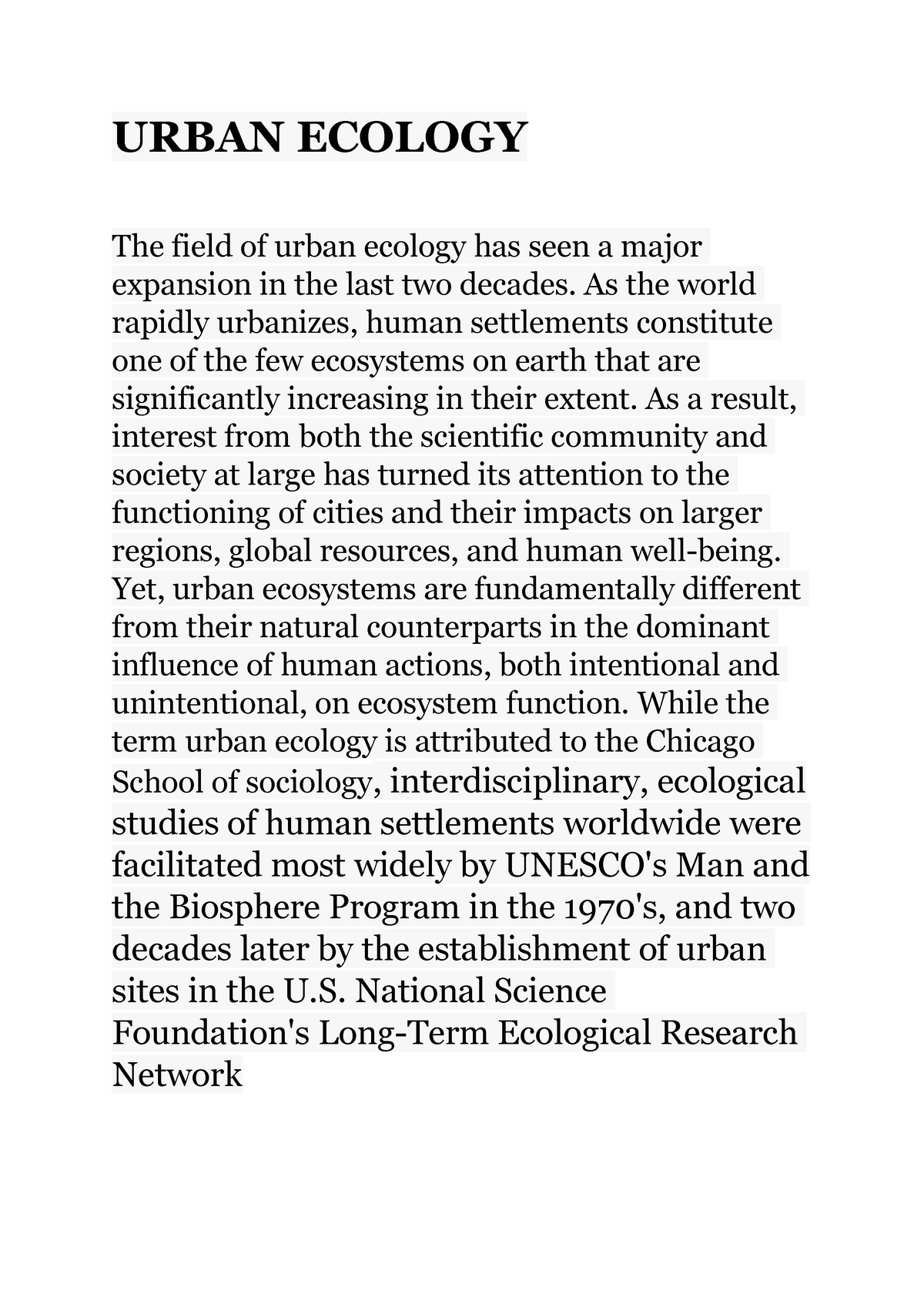 research paper on urban ecology