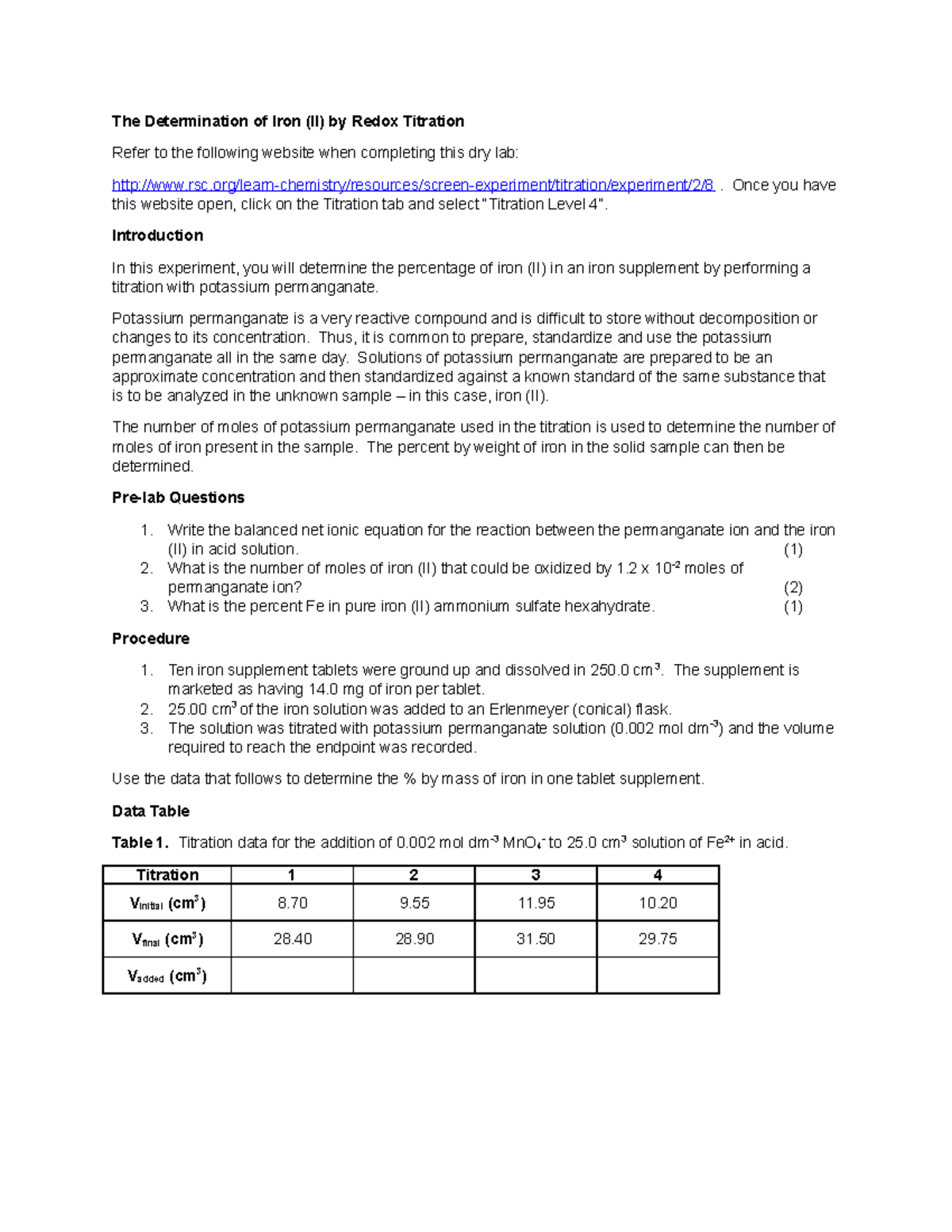 Redox Titration Lab - The Determination Of Iron (II) By Redox Titration ...