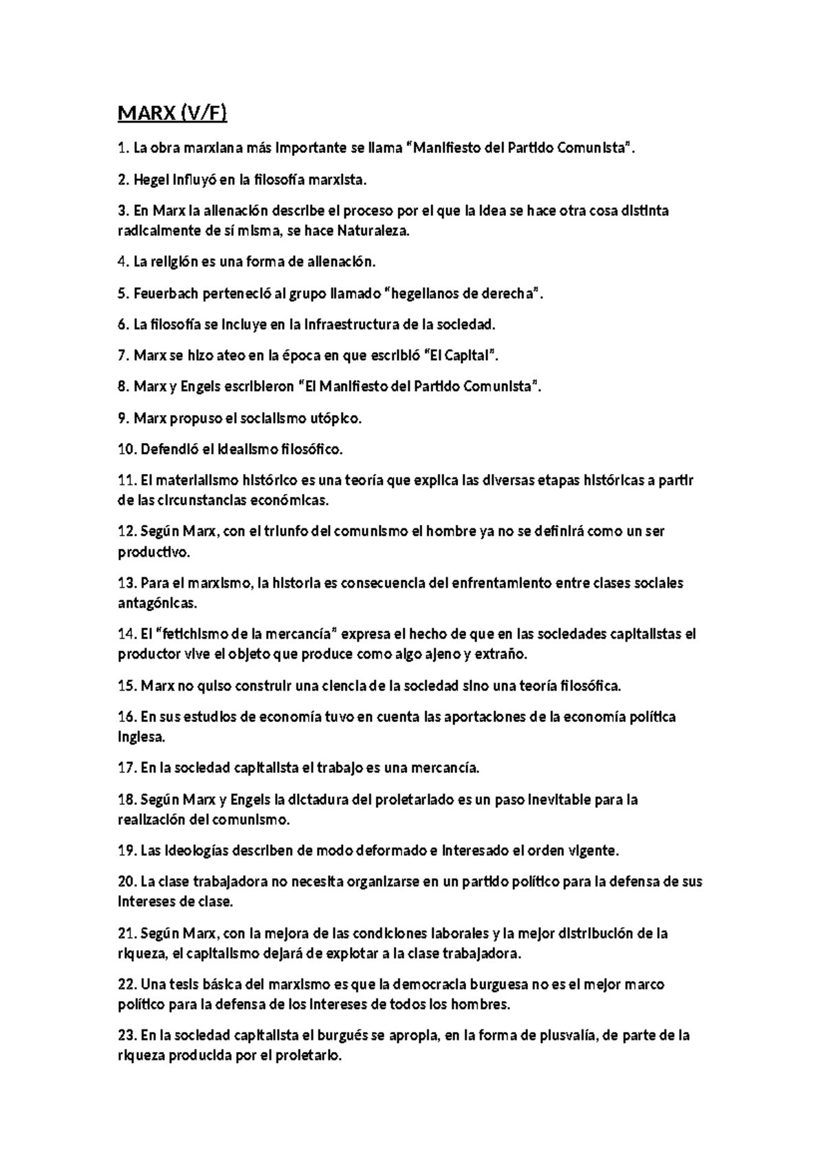 TEST MARX 2 - Tipo test marx - MARX (V/F) 1. La obra marxiana más ...