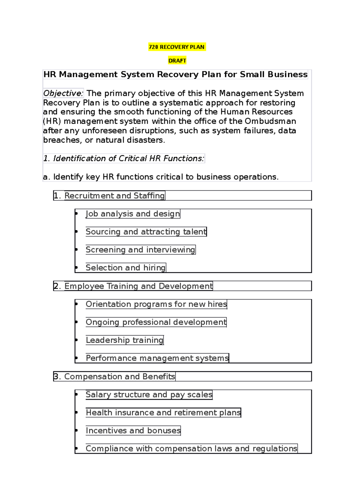 720 Recovery PLAN - HR management system - 720 RECOVERY PLAN DRAFT HR ...