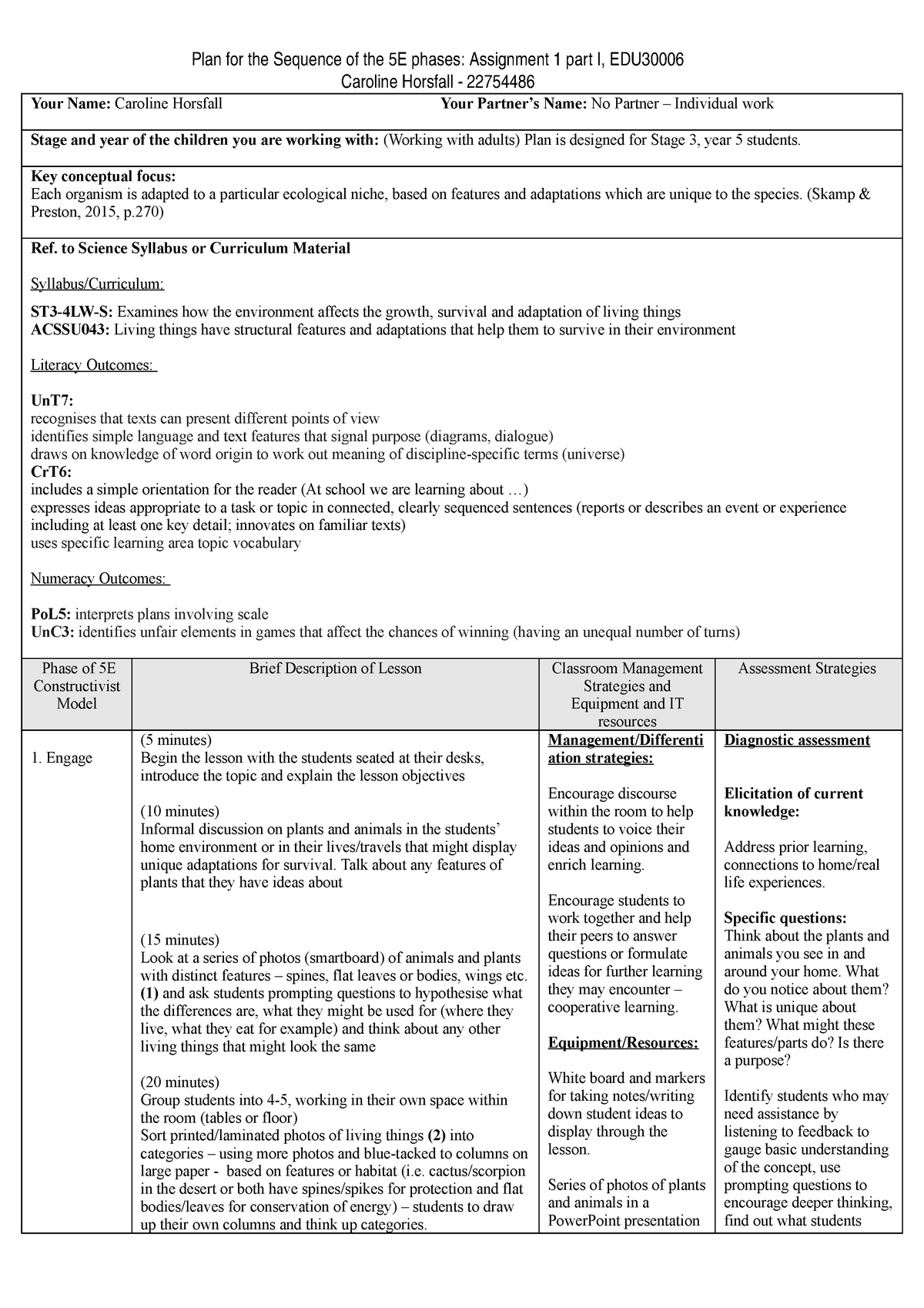 EDU30006 Assessment 1 Lesson plan and justification - Caroline Horsfall ...