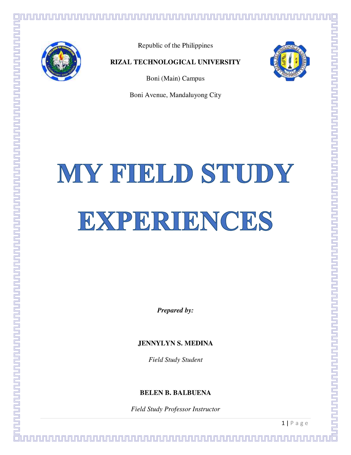My Field Study Experiences E Portfolio Republic Of The Philippines Rizal Technological Studocu