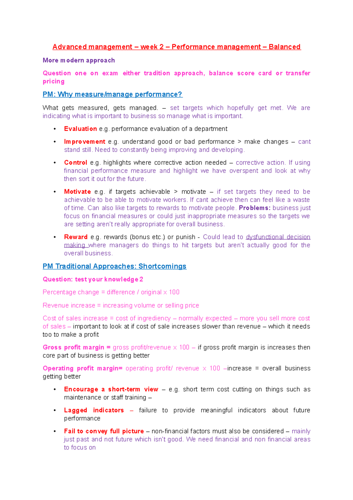 Advnaced management note - Advanced management – week 2 – Performance ...