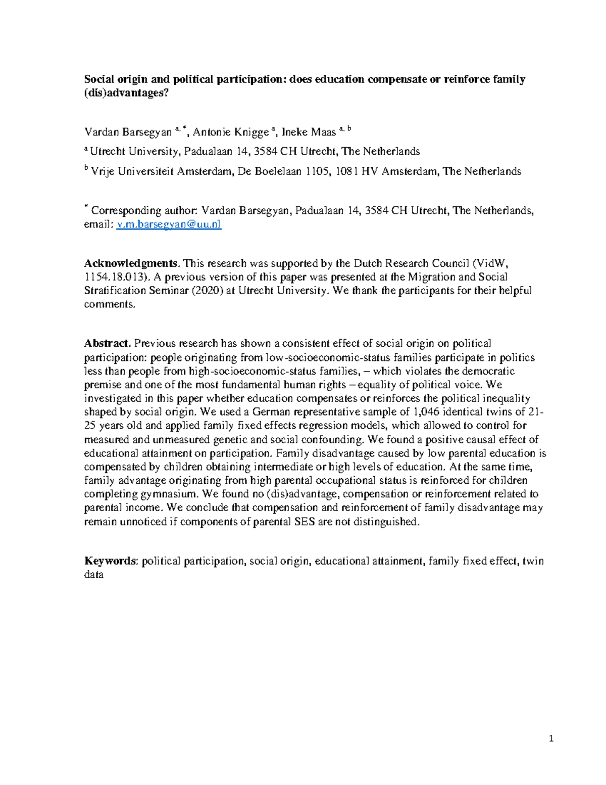 manuscript research paper - Social origin and political participation ...