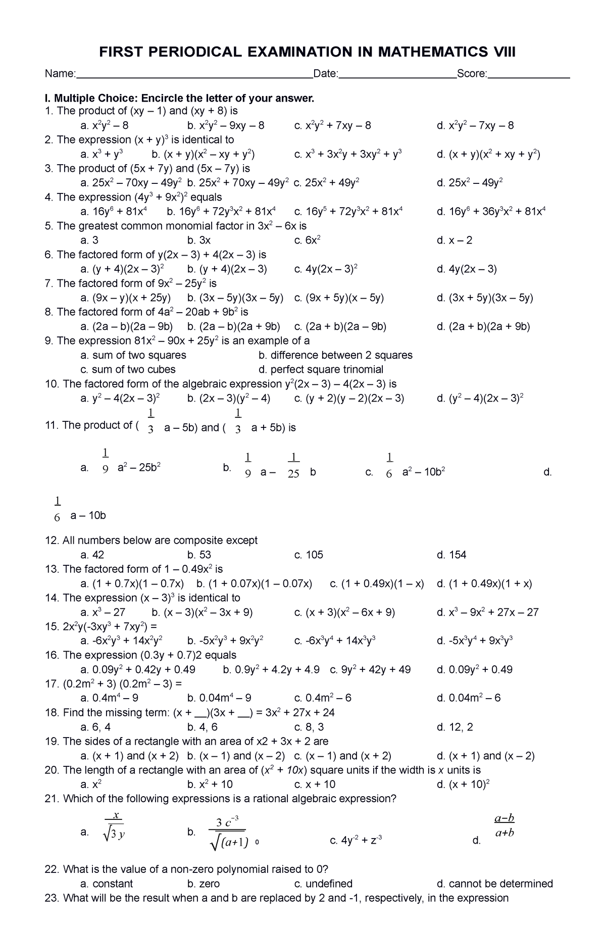 Math 8 first pt - FIRST PERIODICAL EXAMINATION IN MATHEMATICS VIII ...