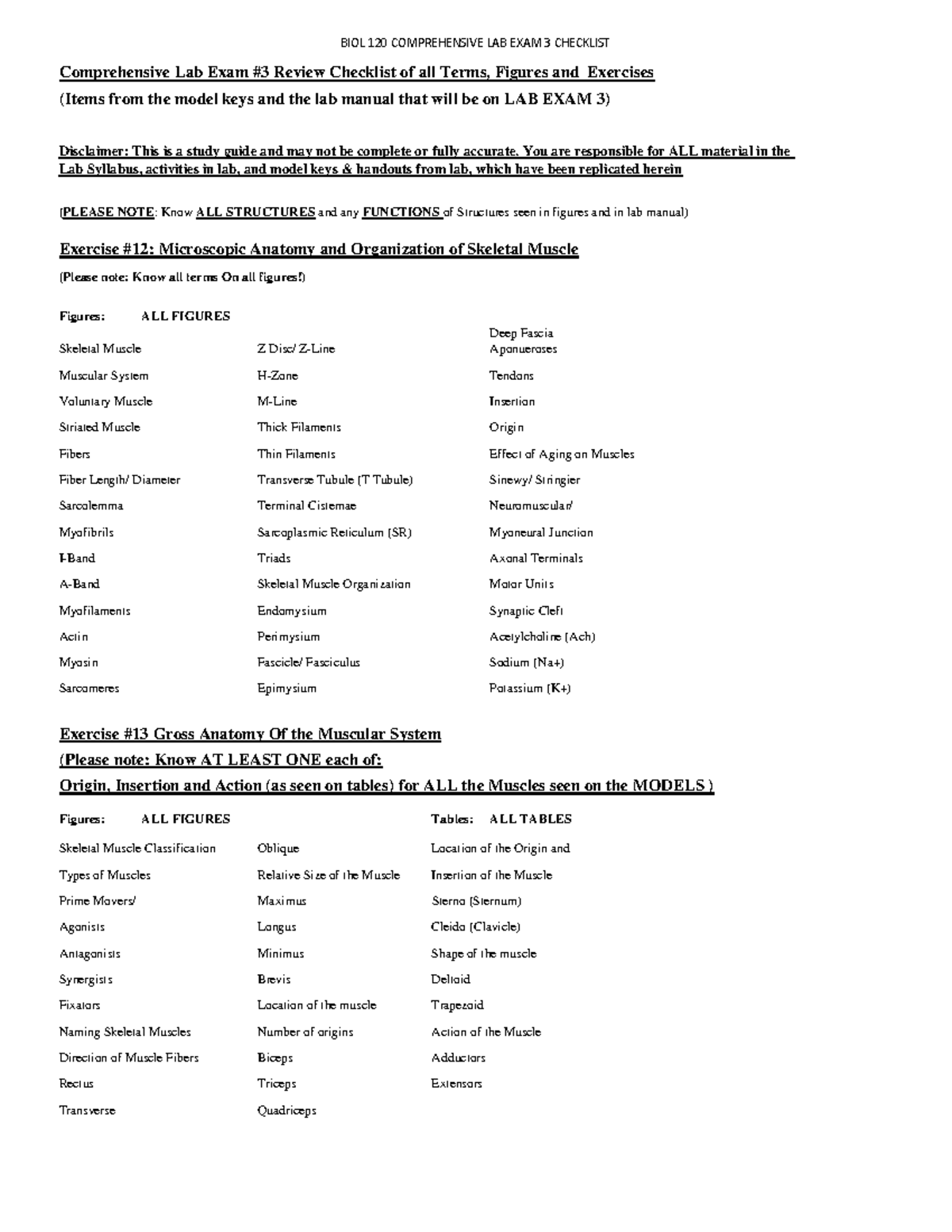 BIOL 120 Comprehensive Lab Exam 3 Checklist - Studocu