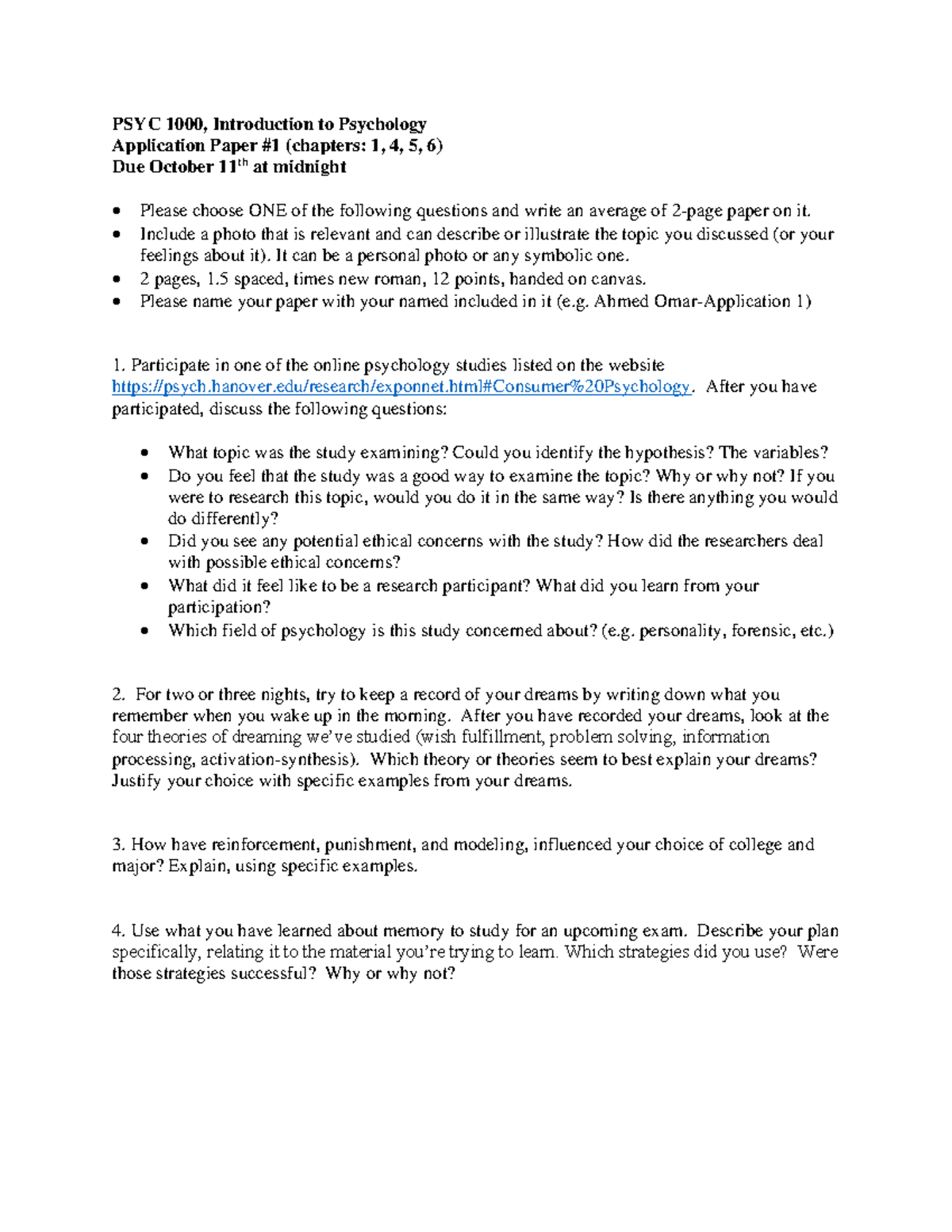 Application Paper #1 - PSYC 1000, Introduction to Psychology ...