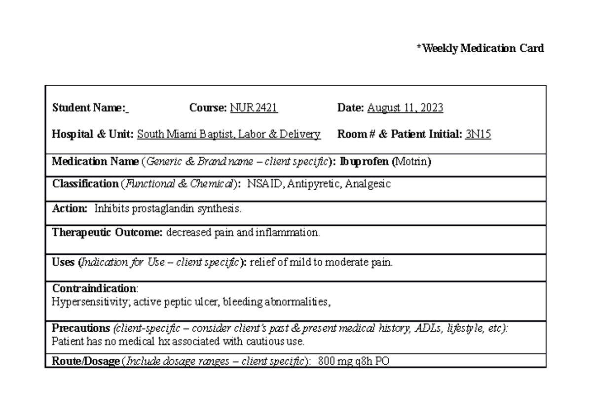 Weekly Medication Card ibuprofen *Weekly Medication Card Student Name