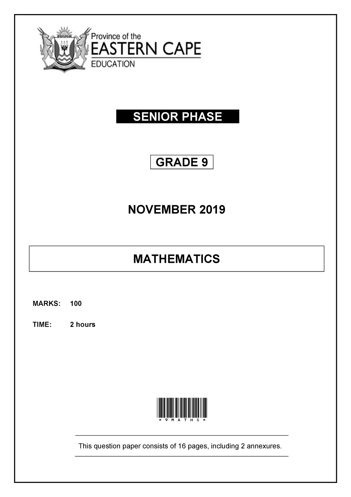 2020 Grade 9 Maths Final EXAM EC SENIOR PHASE GRADE 9 NOVEMBER 2019 