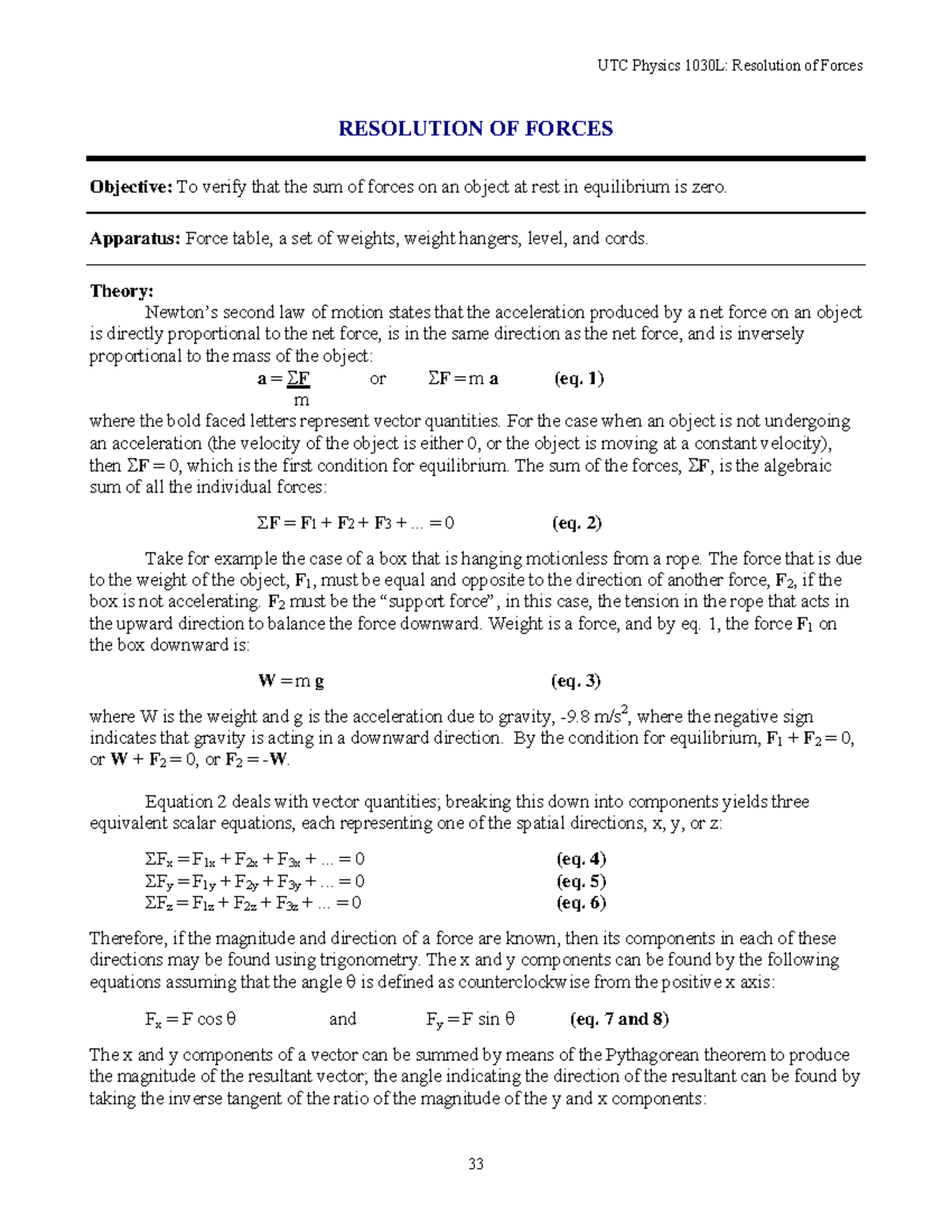 Resforceslab - lab report - RESOLUTION OF FORCES Objective: To verify ...