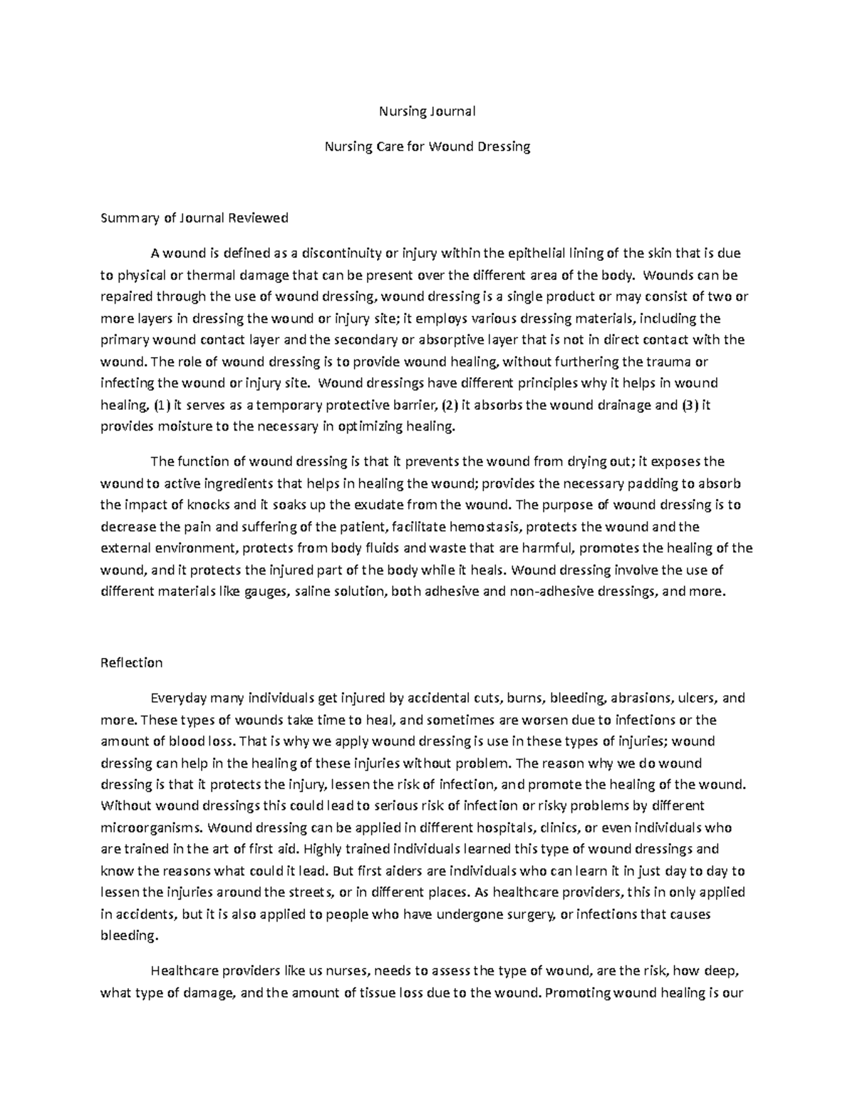 Nursing Journal wound dressing Nursing Journal Nursing Care for