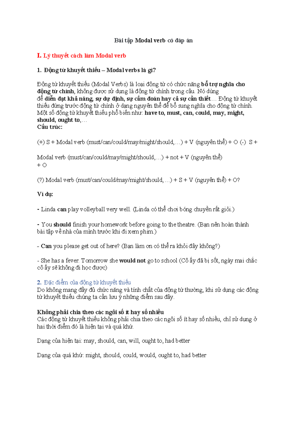 50 bai tap modal verb co dap an - Bài tập Modal verb có đáp án I. Lý ...