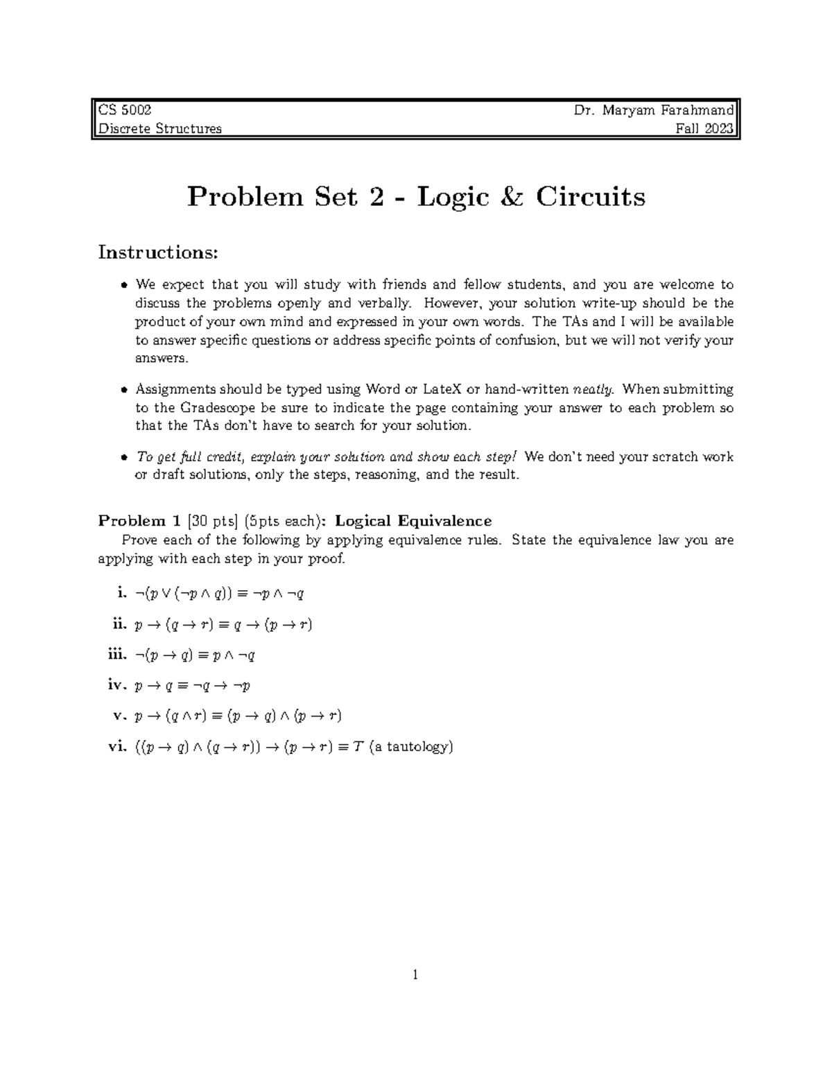 HW 2-3 - eee - CS 5002 Dr. Maryam Farahmand Discrete Structures Fall ...