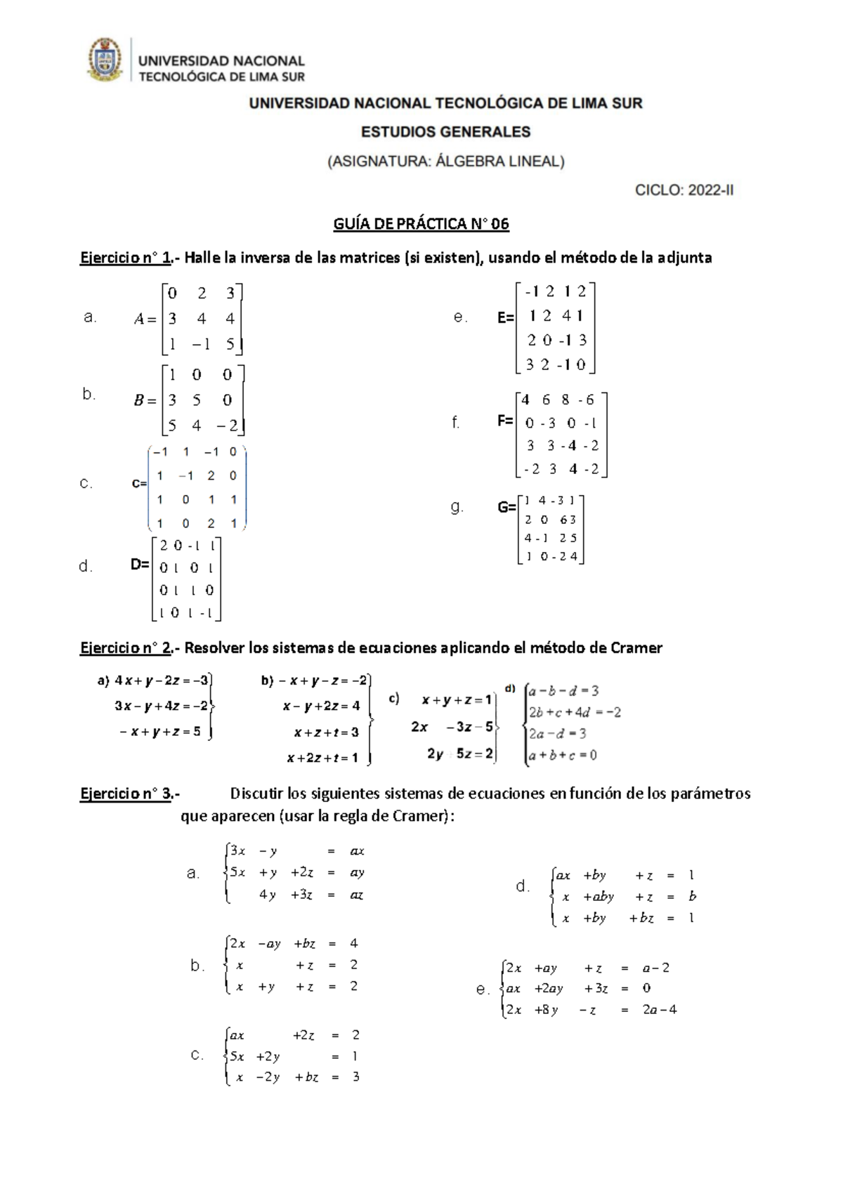GUÍA DE Práctica N°6 - ejercicios - GUÍA DE PRÁCTICA N° 06 Ejercicio n ...