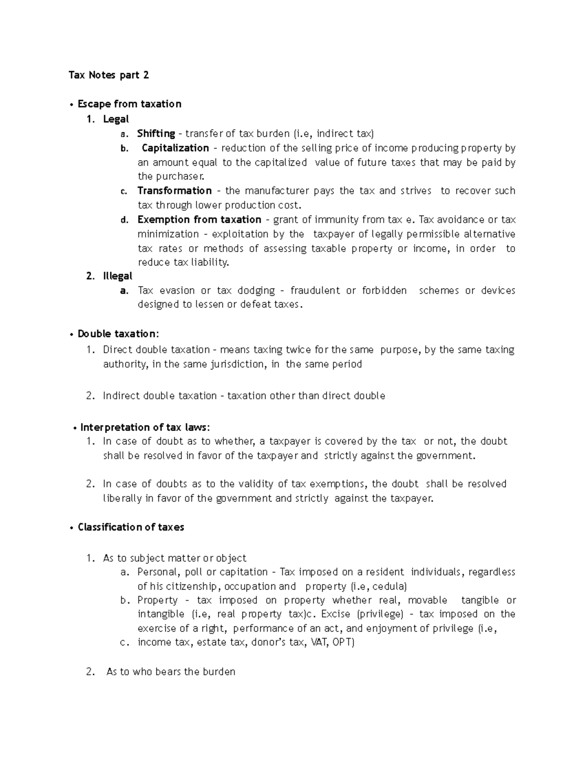 Tax Notes part 2 - Legal a. Shifting - transfer of tax burden (i ...