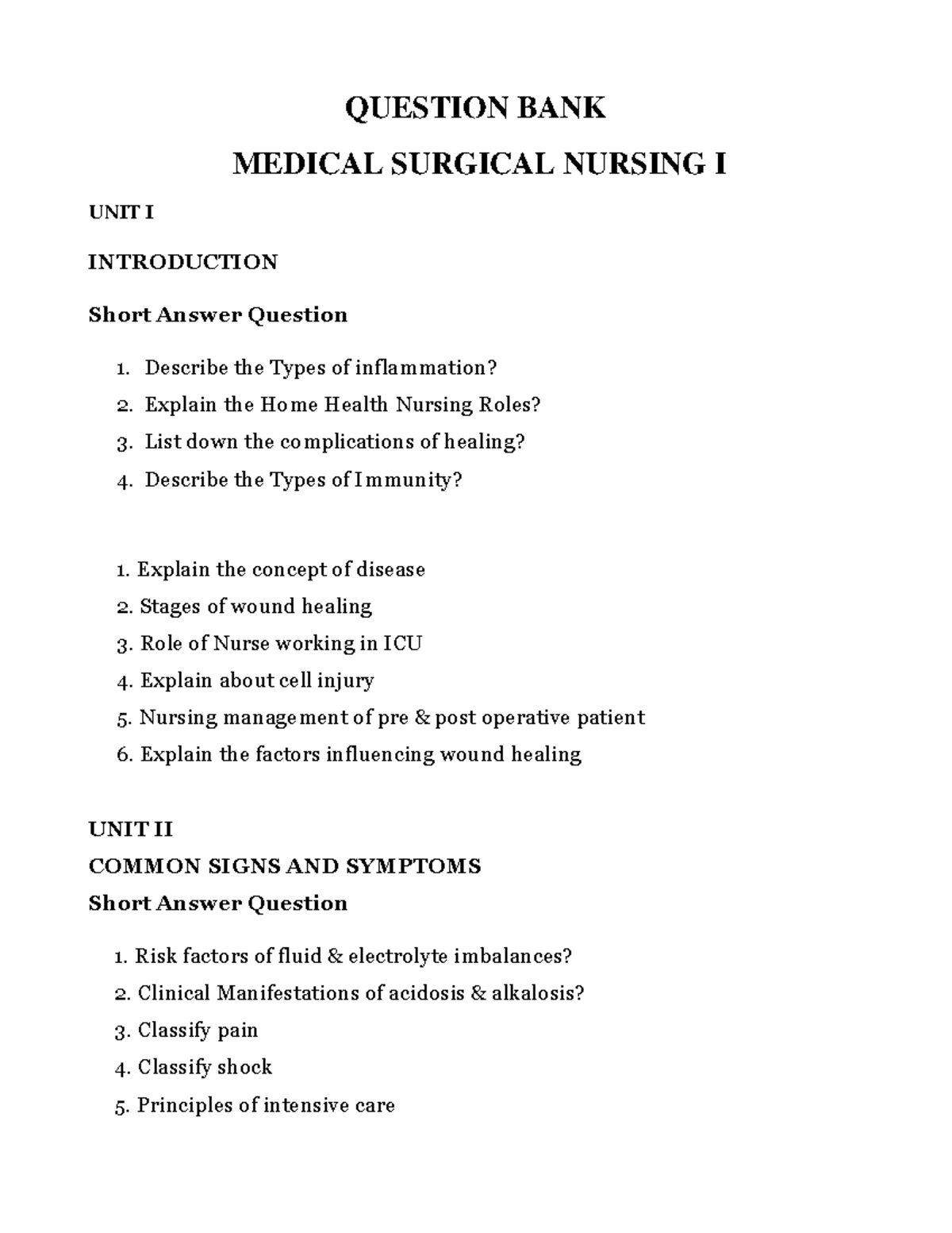 Medical Surgical Nursing QUESTION BANK MEDICAL SURGICAL NURSING I
