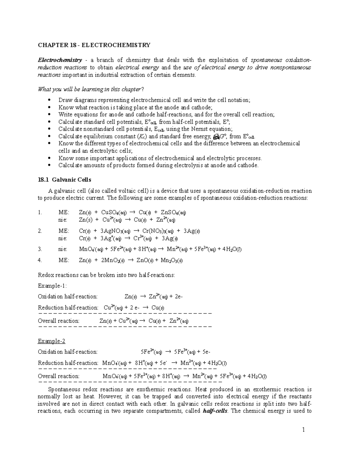 Chapter 18 Electrochemistry CHAPTER 18 ELECTROCHEMISTRY