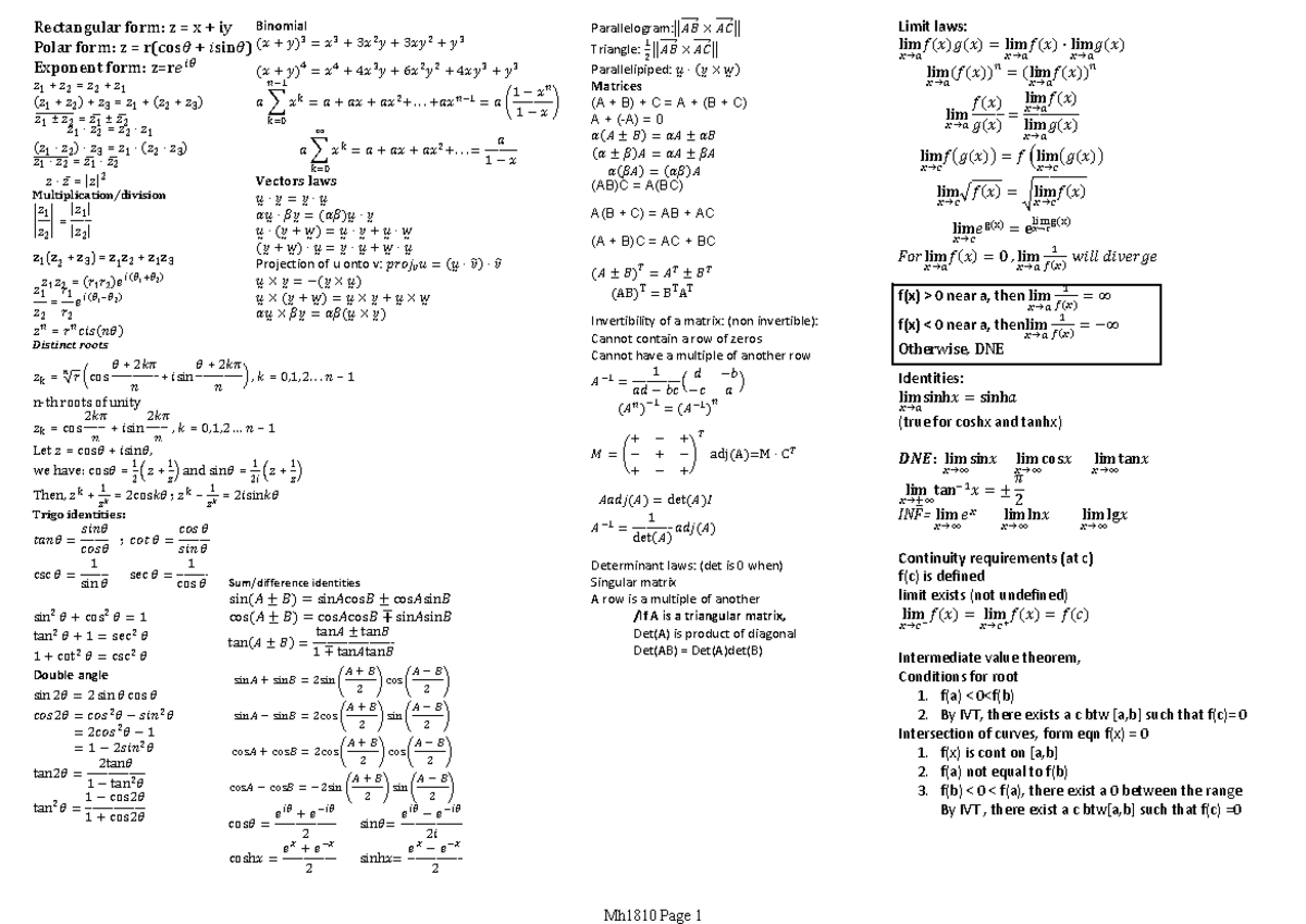 MH1810 cheatsheet midterm - Rectangular form: z = x + iy Polar form: z ...