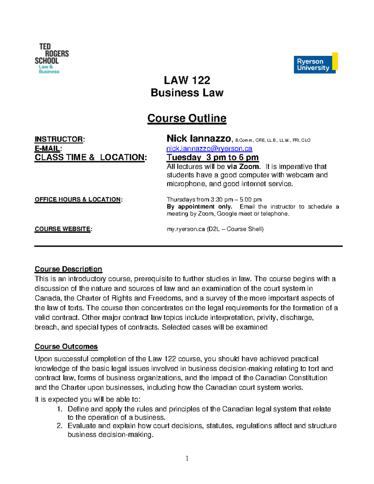 LAW122-101 (Tue) - Outline - FALL 20211 - LAW 122 Business Law Course ...