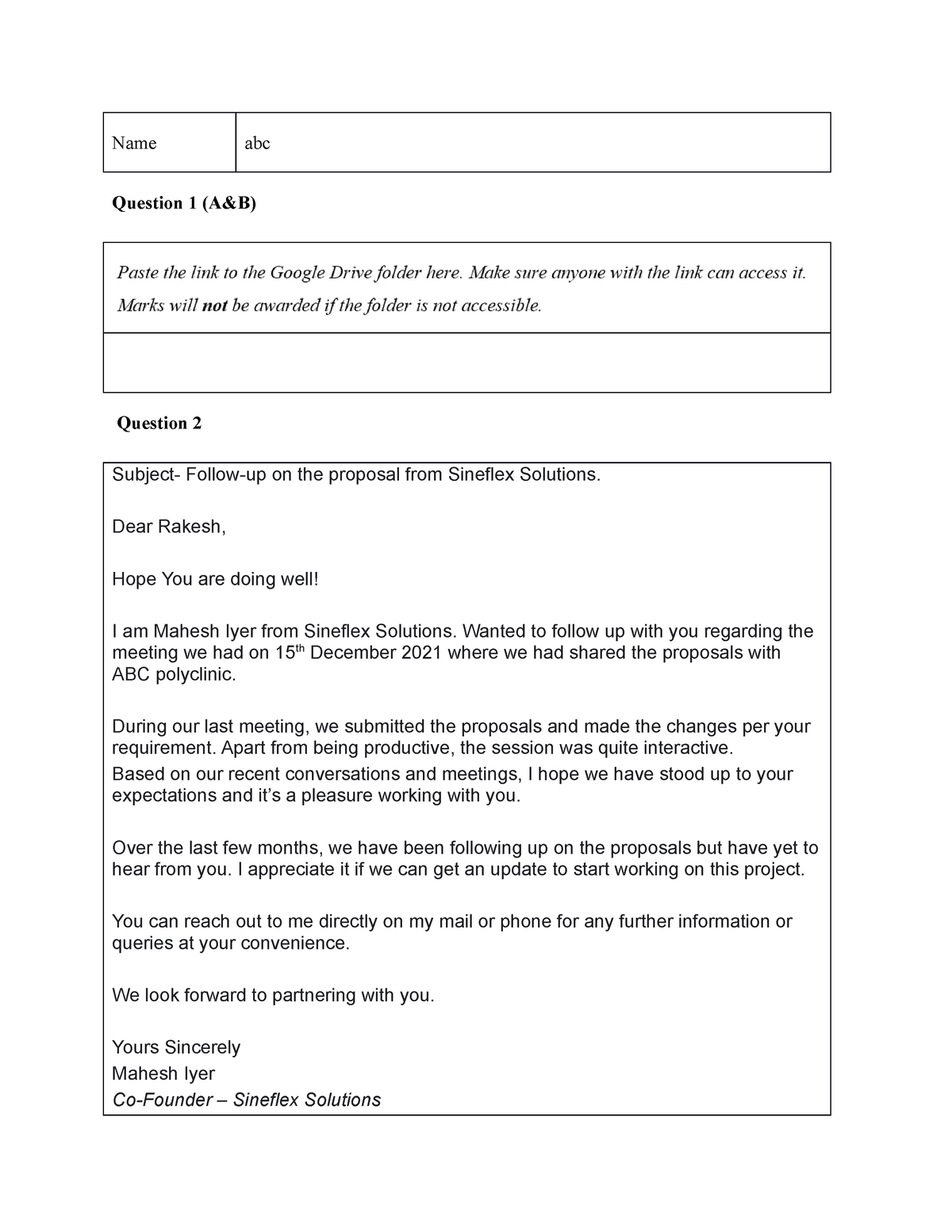 IMT Sineflex - pra tice - Nameabc Question 1 (A&B) Question 2 Subject ...