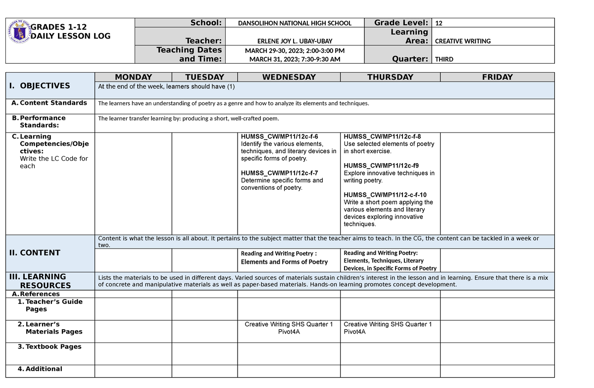 DLL Creative Writing March 27-31 - GRADES 1- DAILY LESSON LOG School ...