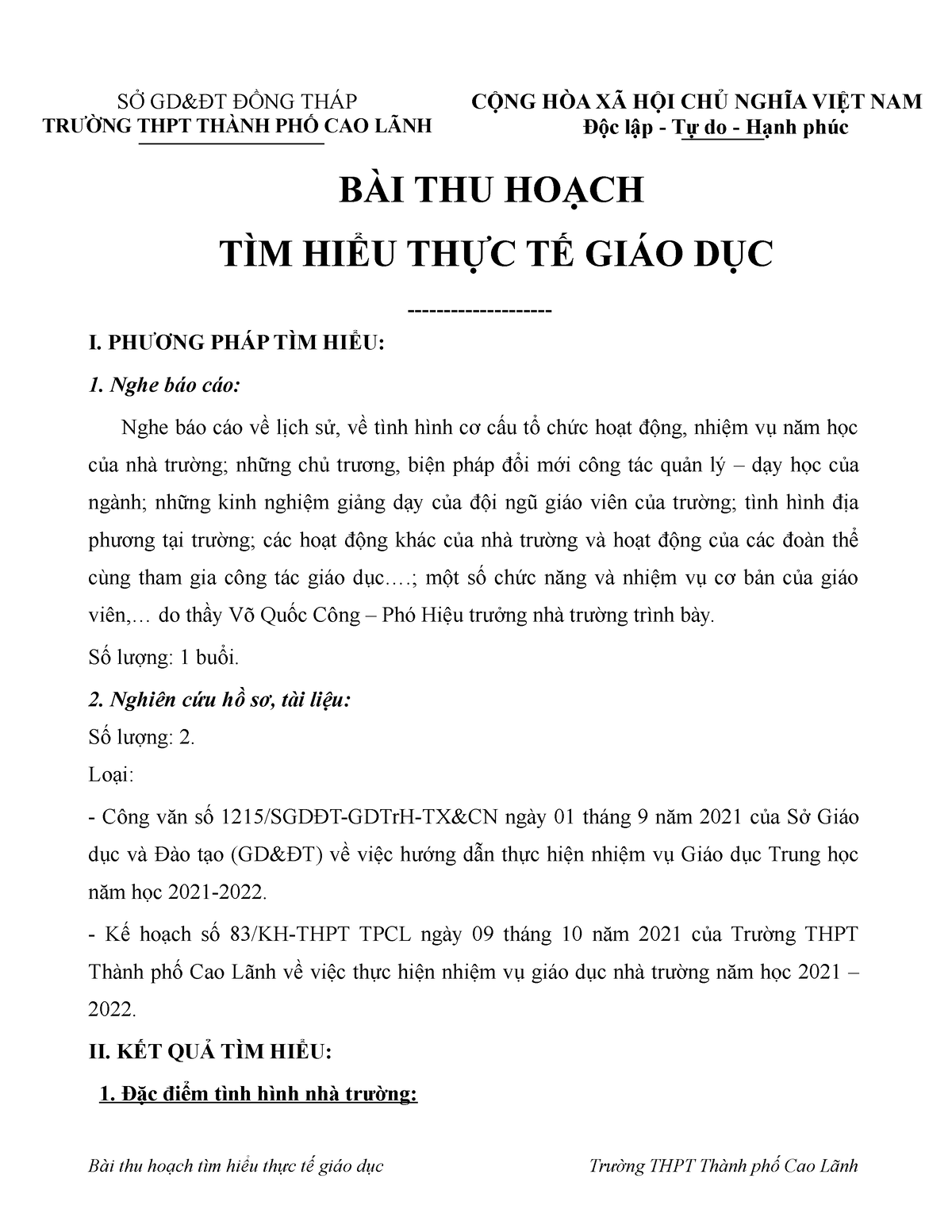 BÀI THU HOẠCH BÁO CÁO THỰC TẾ GIÁO DỤC - SỞ GD&ĐT ĐỒNG THÁP TRƯỜNG THPT THÀNH PHỐ CAO LÃNH CỘNG - Studocu