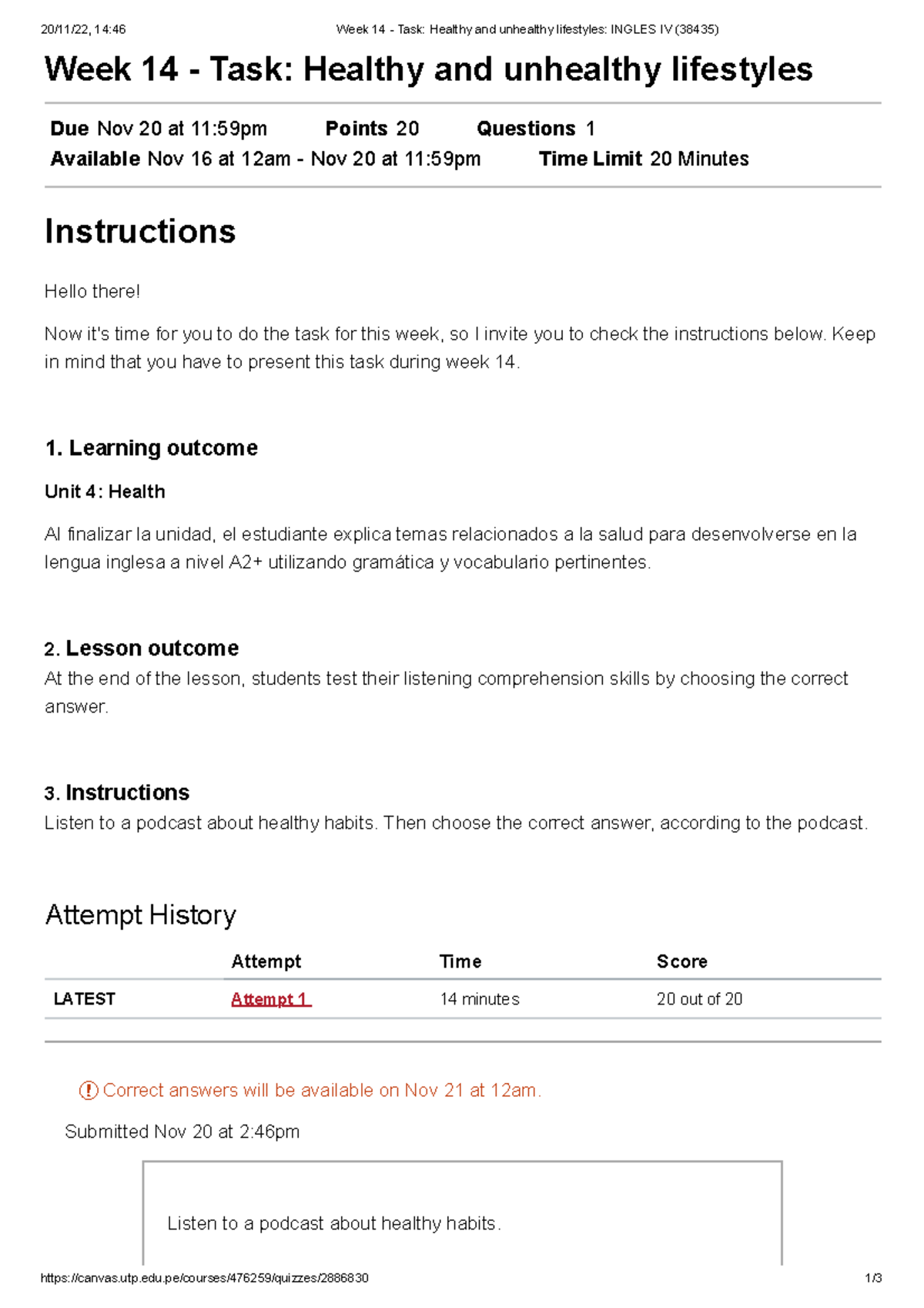 Week 14 - Task Healthy and unhealthy lifestyles Ingles IV - 20/11/22 ...