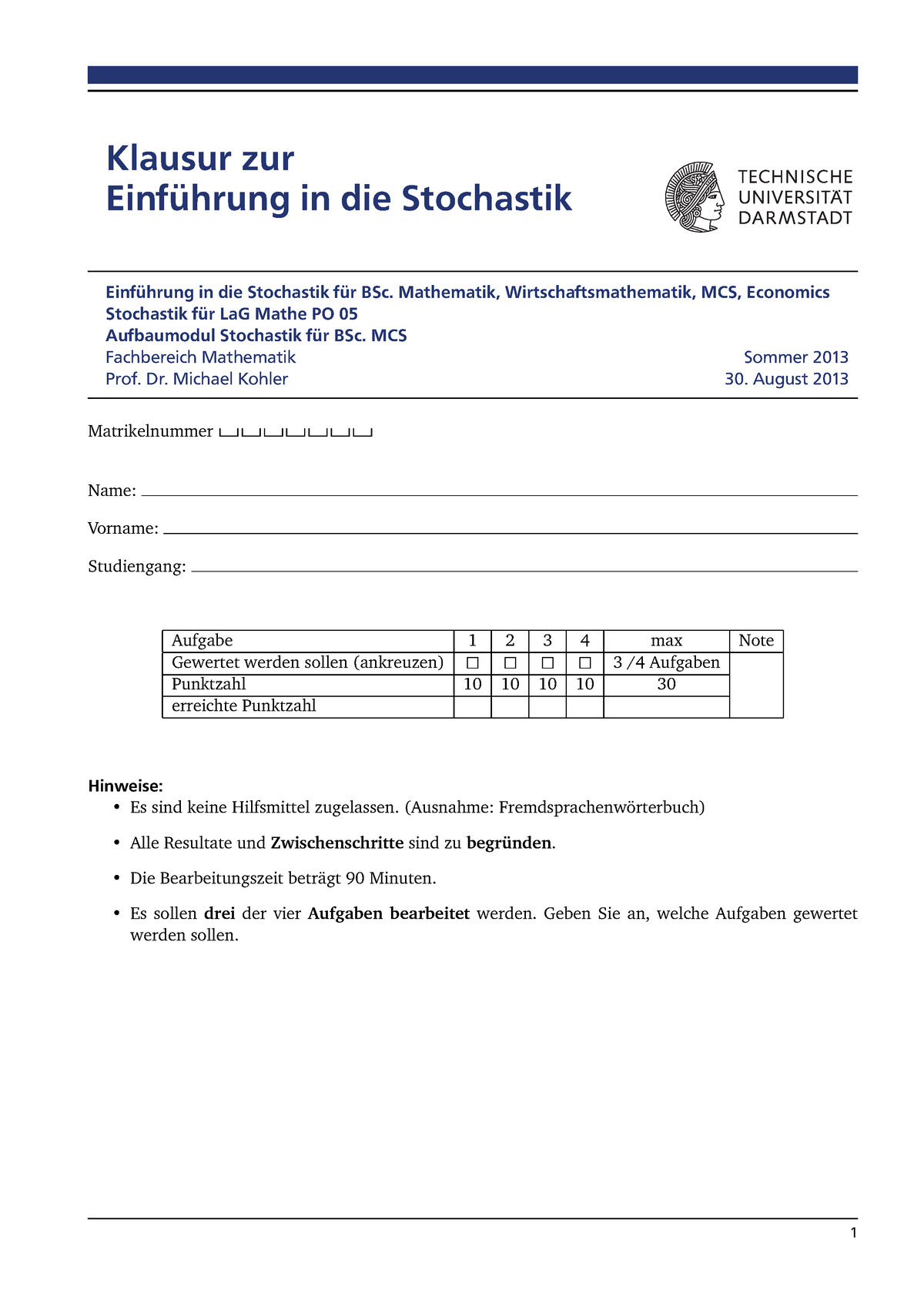 Stochastik So Se13 Kohler - Klausur Zur Einführung In Die Stochastik ...