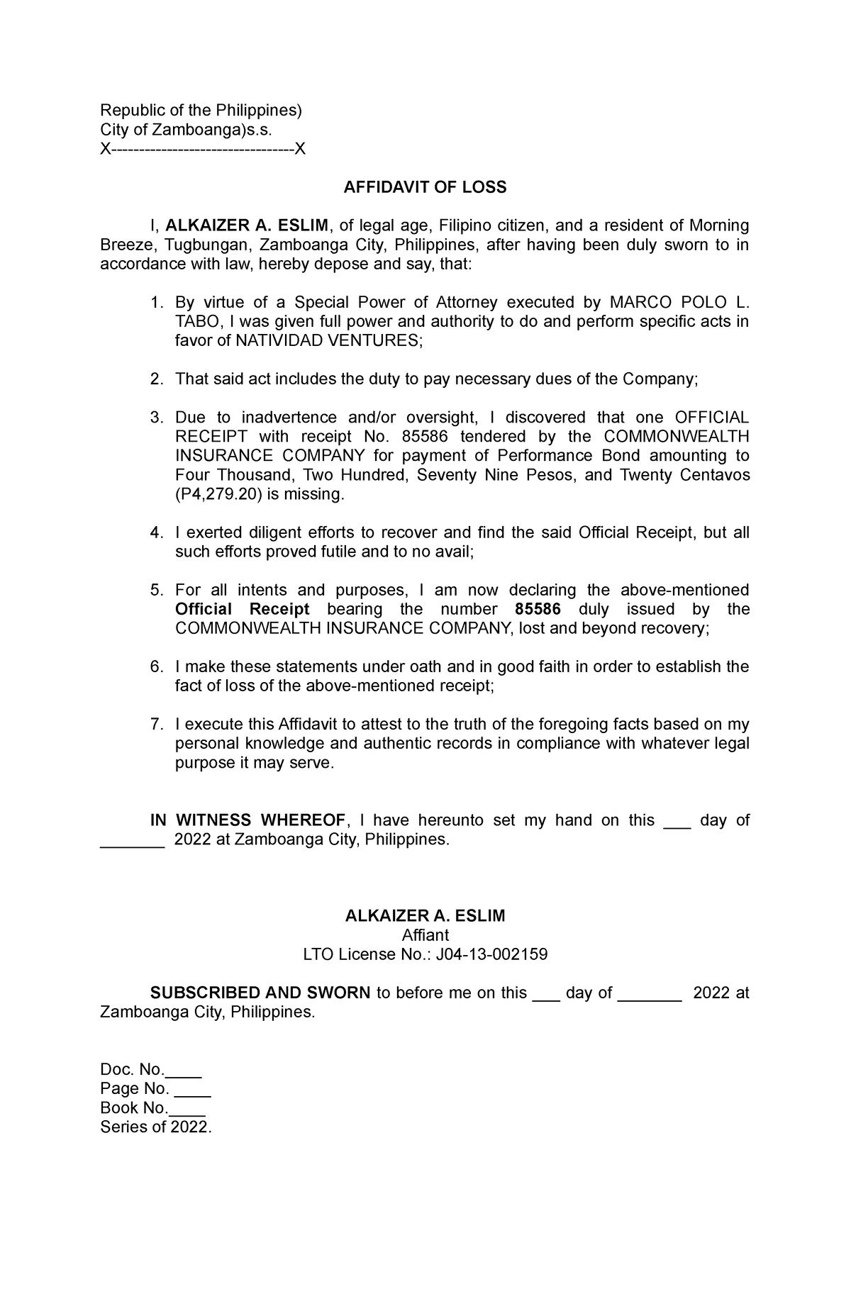 Affidavit Of Loss Eslim Republic Of The Philippines City Of Zamboanga S X X Affidavit Of