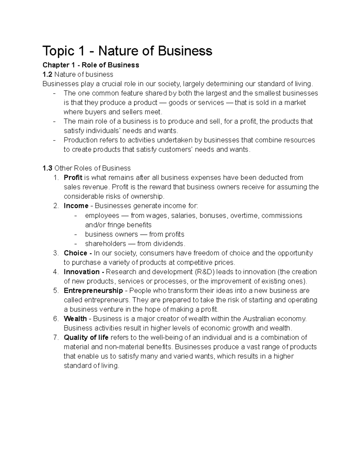 Business Prelim Chap 1-7 - Topic 1 - Nature of Business Chapter 1 ...
