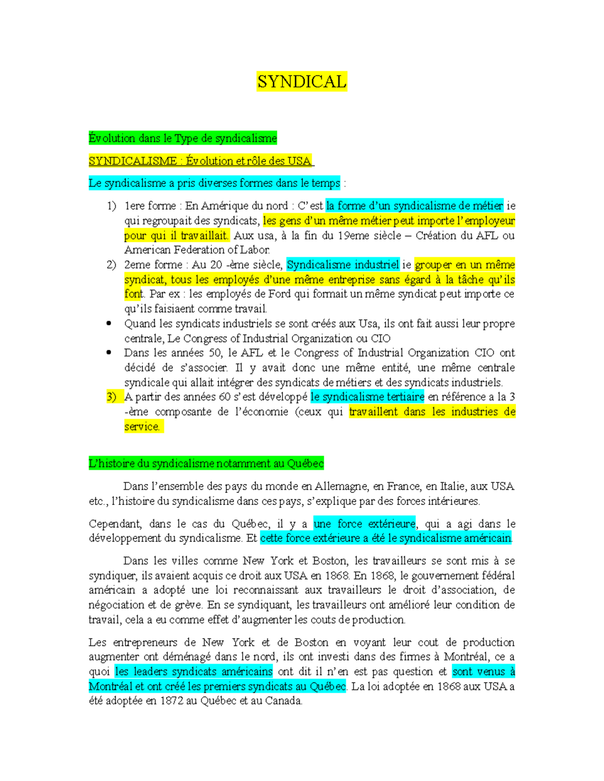 LES Acteurs Syndical SYNDICAL Évolution dans le Type de