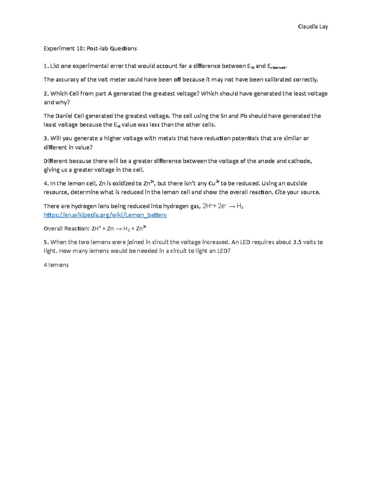 CHE 105 - lab 10 post questions - Claudia Lay Experiment 10: Post-lab ...